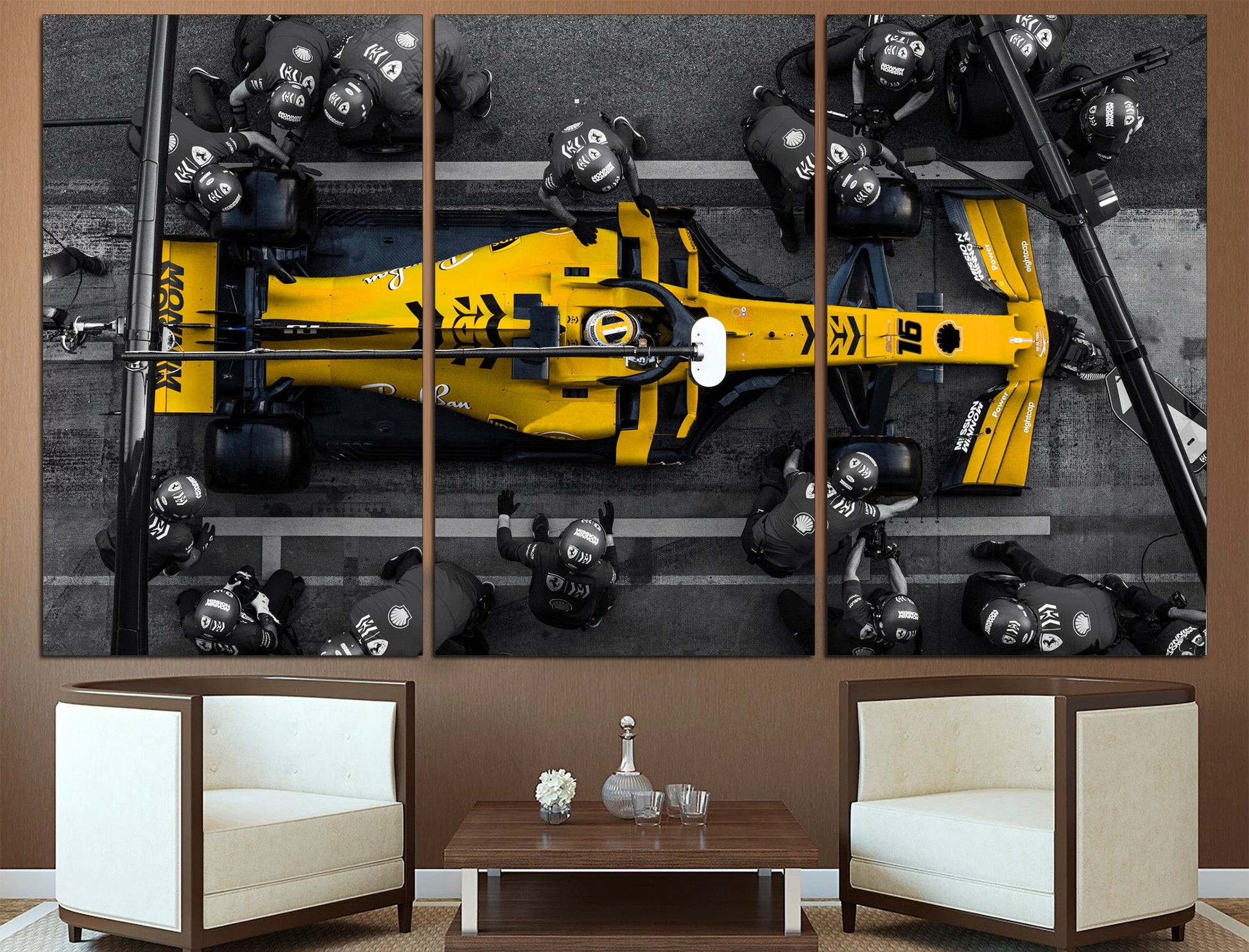 Yellow car canvas Formula one Large canvas art, Sports canvas Yellow wall decor Multi panel canvas