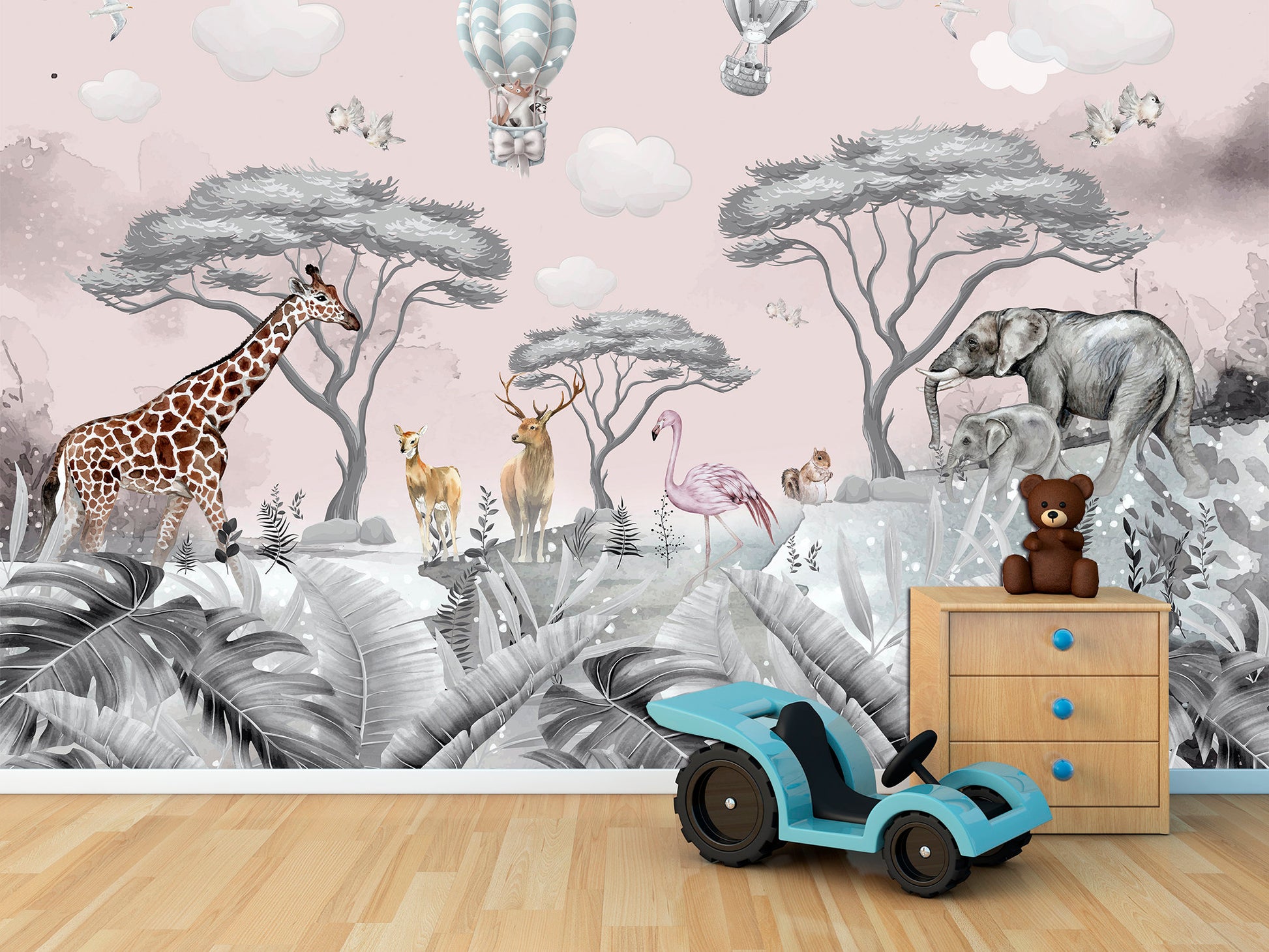 Kids wall murals Pink wallpaper Kids wall decor, Animals wallpaper Tropical wallpaper Kids room decor