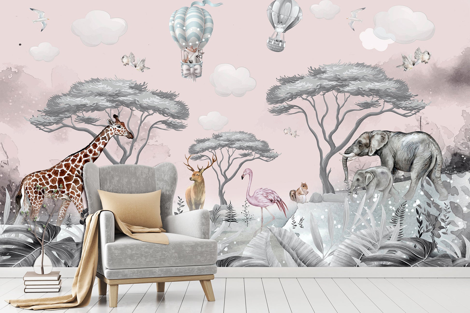 Kids wall murals Pink wallpaper Kids wall decor, Animals wallpaper Tropical wallpaper Kids room decor