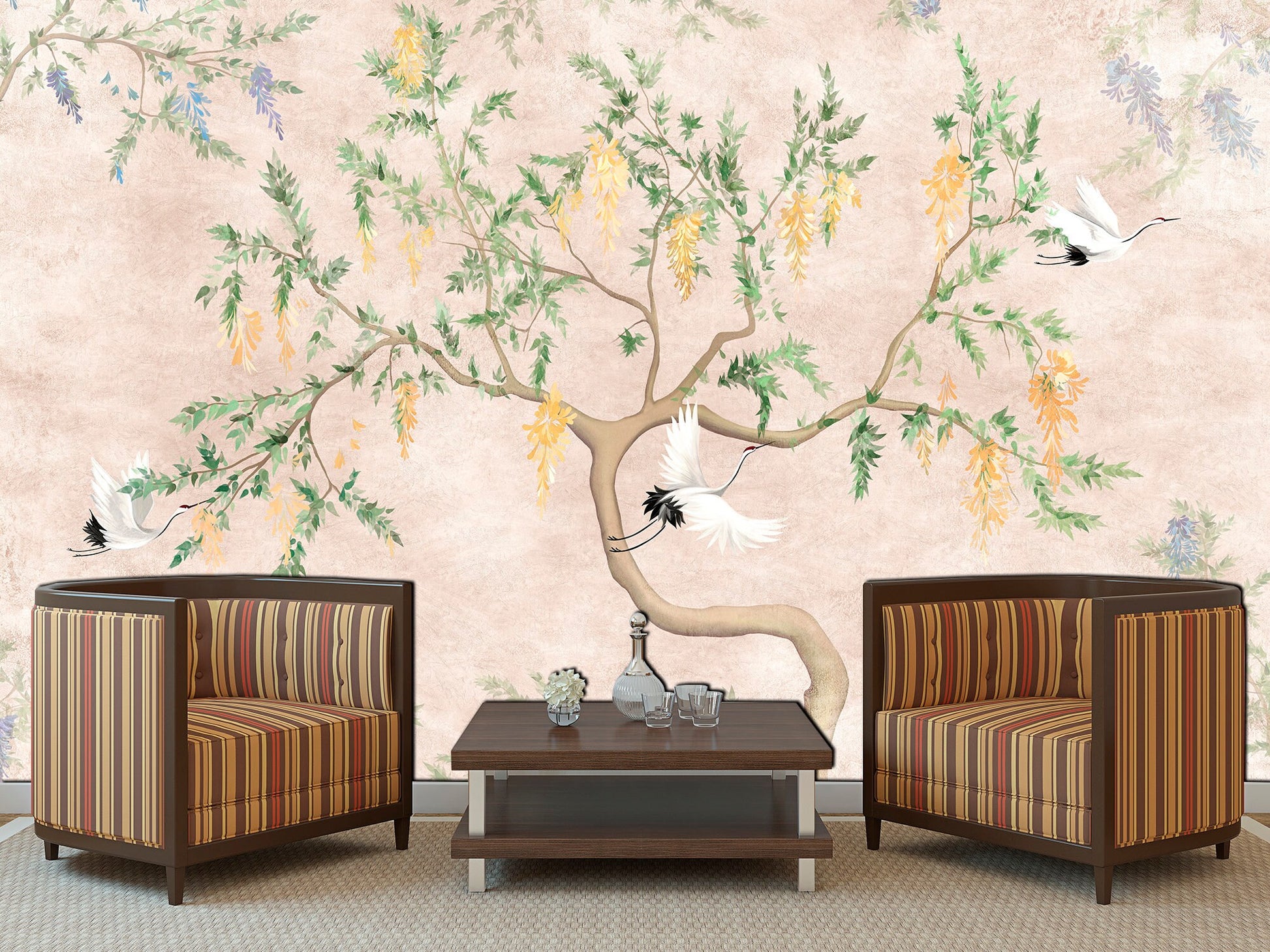 Crane wallapper Chinoiserie decor Boho wallpaper Japanese print, Tree wallpaper Chinoiserie mural Peel stick wallpaper