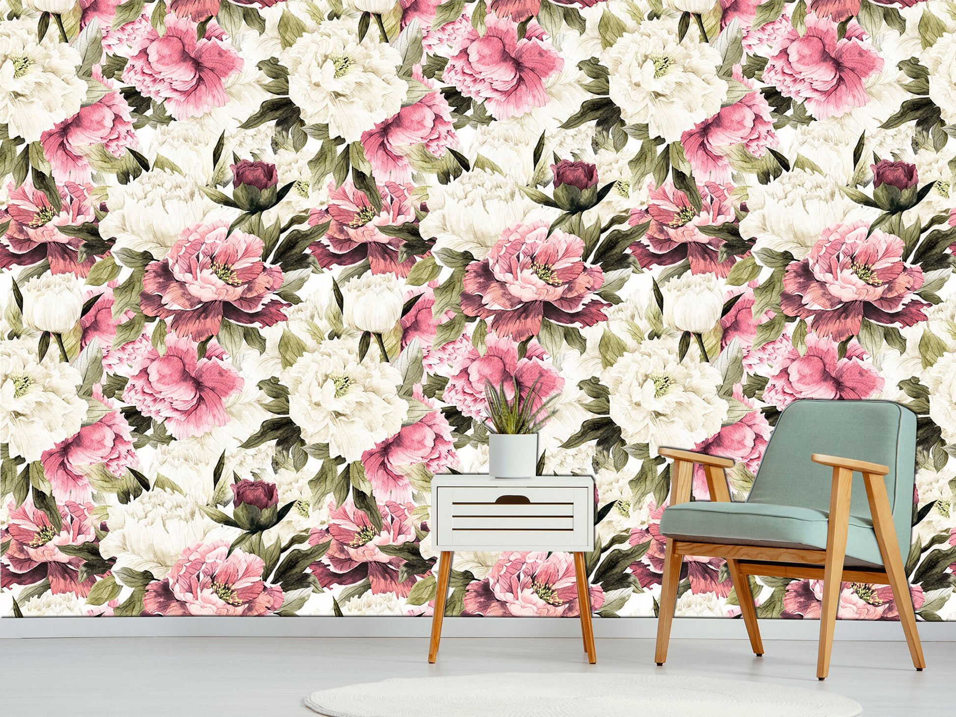 Floral wallpaper Bedroom wall decor Scandinavian wallpaper, Peony wall art Temporary wallpaper Nursery wallpaper