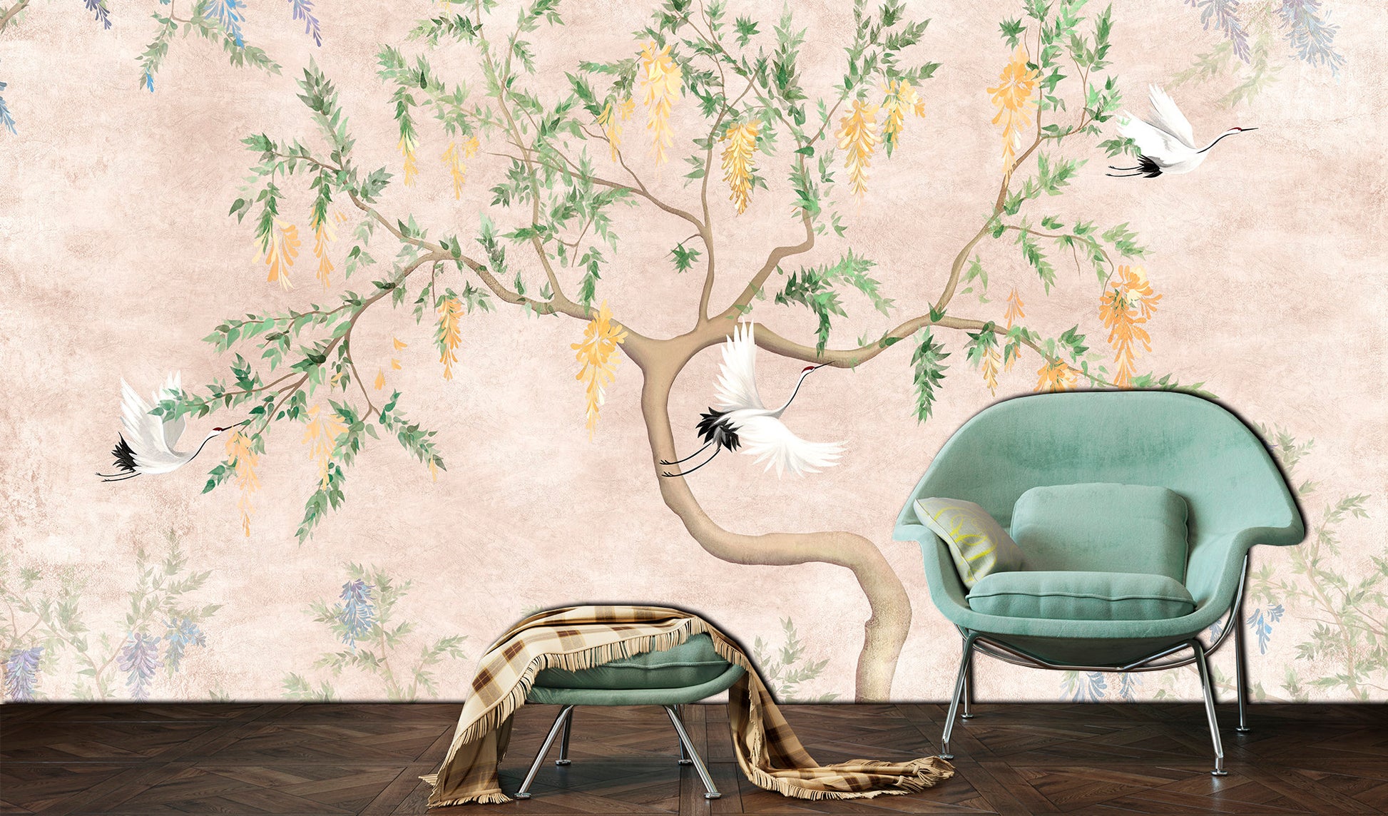 Crane wallapper Chinoiserie decor Boho wallpaper Japanese print, Tree wallpaper Chinoiserie mural Peel stick wallpaper