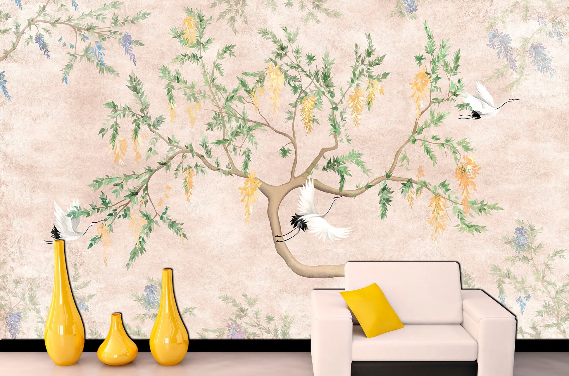 Crane wallapper Chinoiserie decor Boho wallpaper Japanese print, Tree wallpaper Chinoiserie mural Peel stick wallpaper