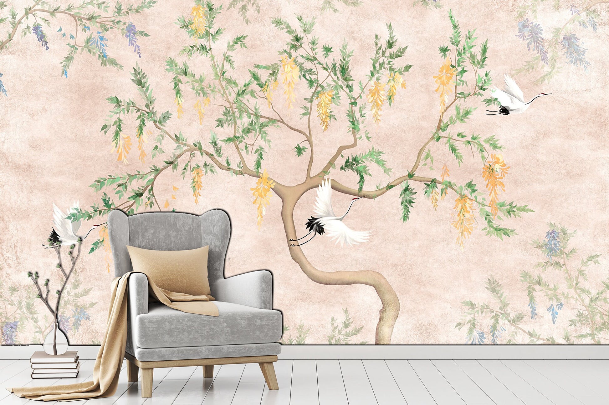 Crane wallapper Chinoiserie decor Boho wallpaper Japanese print, Tree wallpaper Chinoiserie mural Peel stick wallpaper