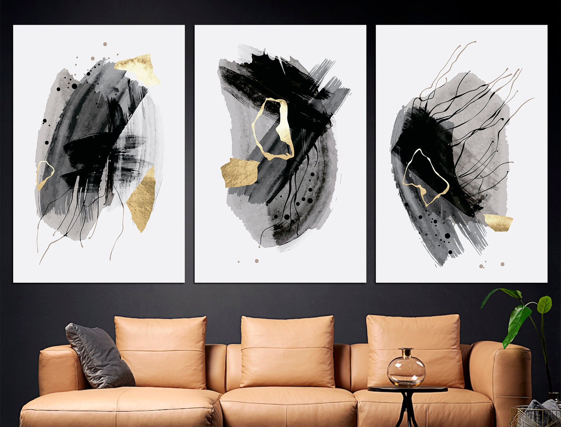 Grey gold canvas Set of 3 prints Modern wall art, Large canvas art Office wall art Canvas wall art set