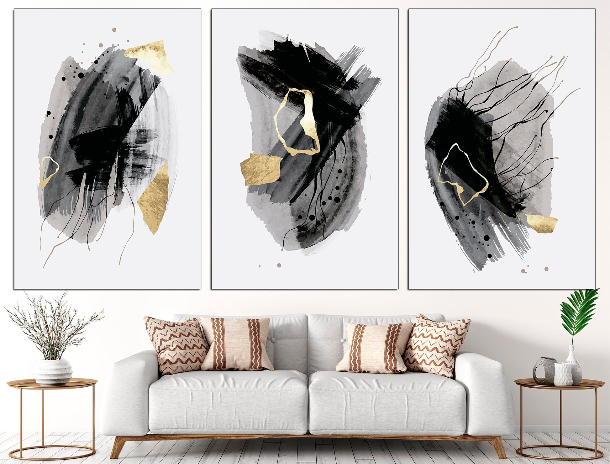 Grey gold canvas Set of 3 prints Modern wall art, Large canvas art Office wall art Canvas wall art set