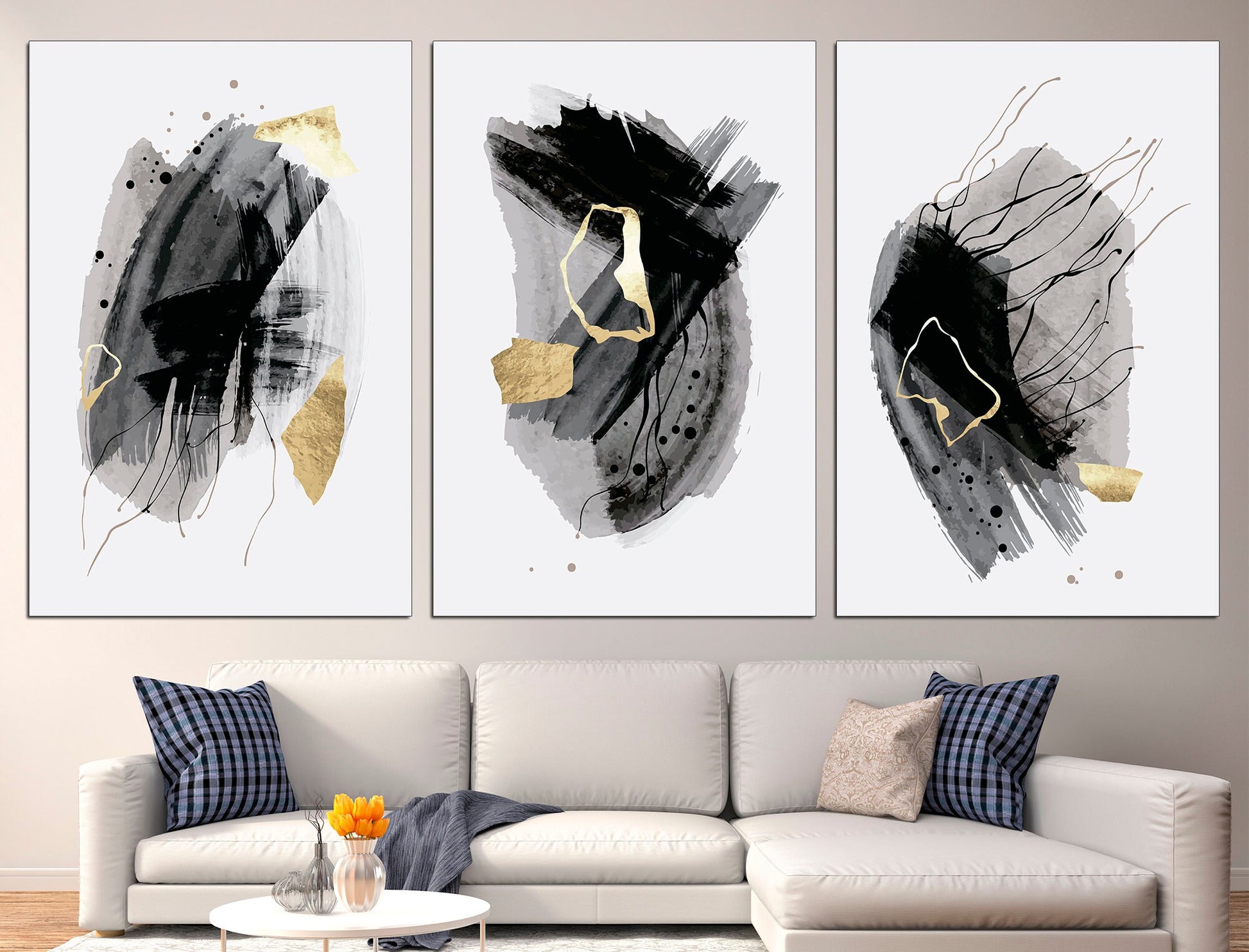 Grey gold canvas Set of 3 prints Modern wall art, Large canvas art Office wall art Canvas wall art set