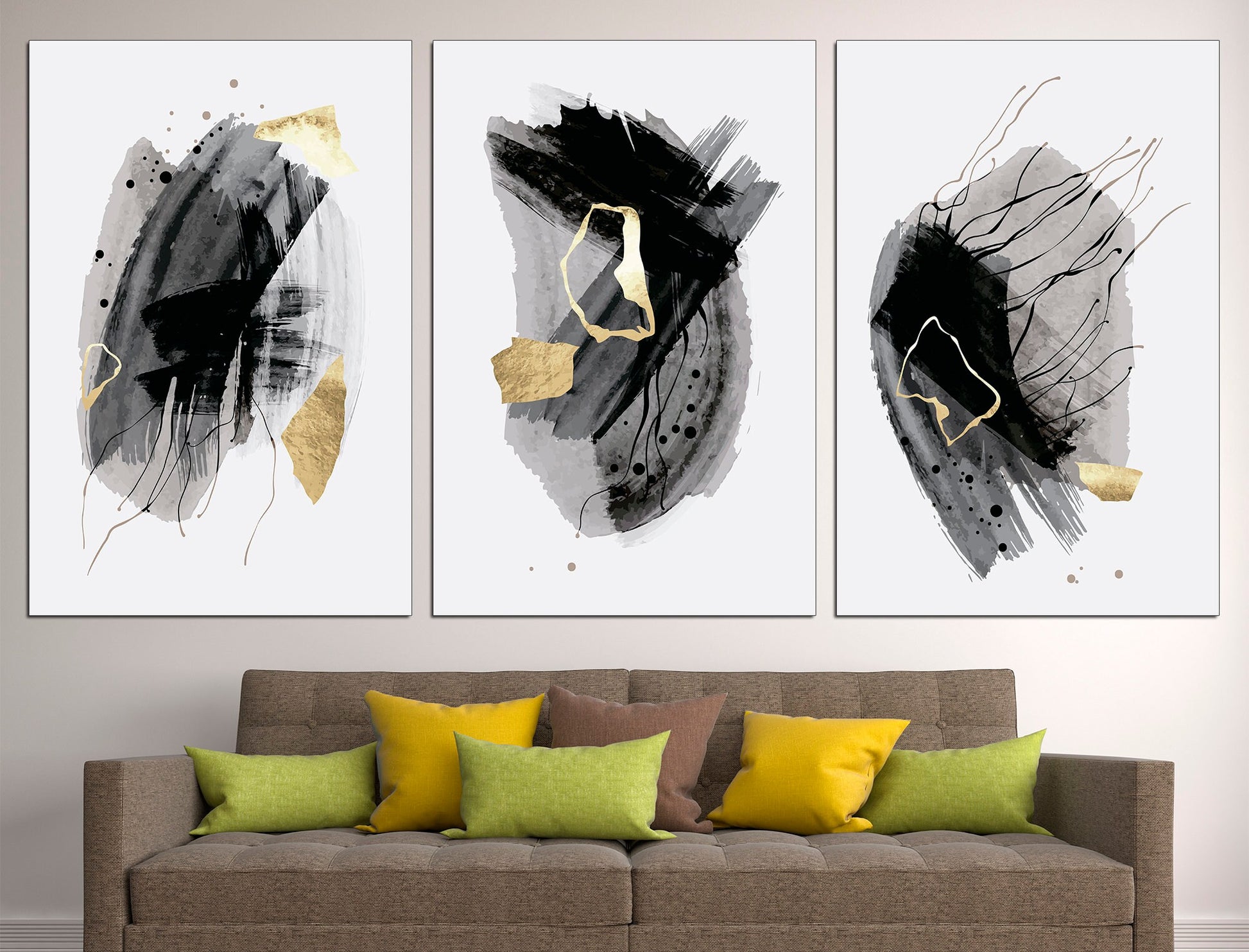 Grey gold canvas Set of 3 prints Modern wall art, Large canvas art Office wall art Canvas wall art set