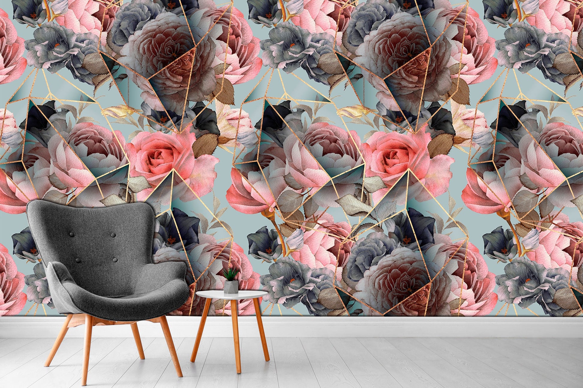 Bohemian wallpaper Rose watercolor Botanical wall art, Modern wallpaper Pink wall art Modern home decor Art deco wallpaper