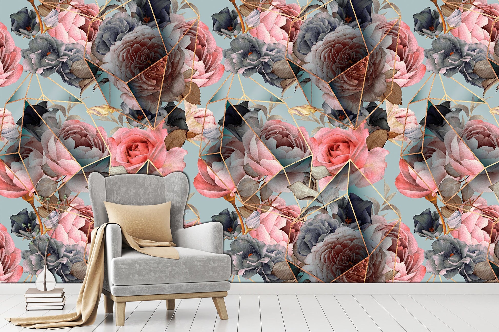 Bohemian wallpaper Rose watercolor Botanical wall art, Modern wallpaper Pink wall art Modern home decor Art deco wallpaper