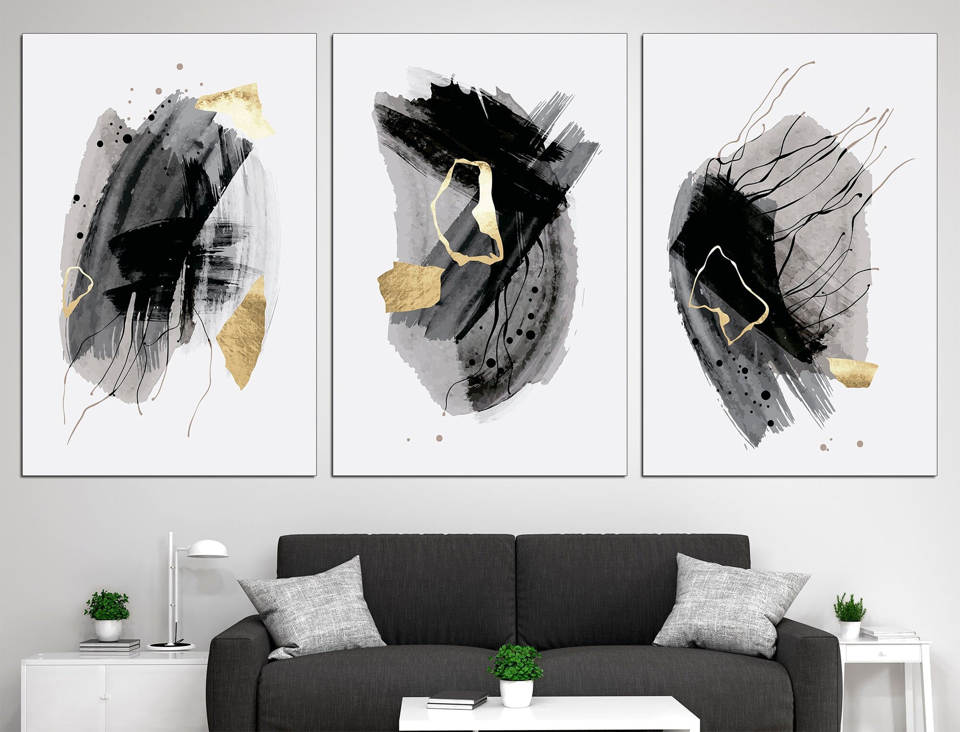 Grey gold canvas Set of 3 prints Modern wall art, Large canvas art Office wall art Canvas wall art set