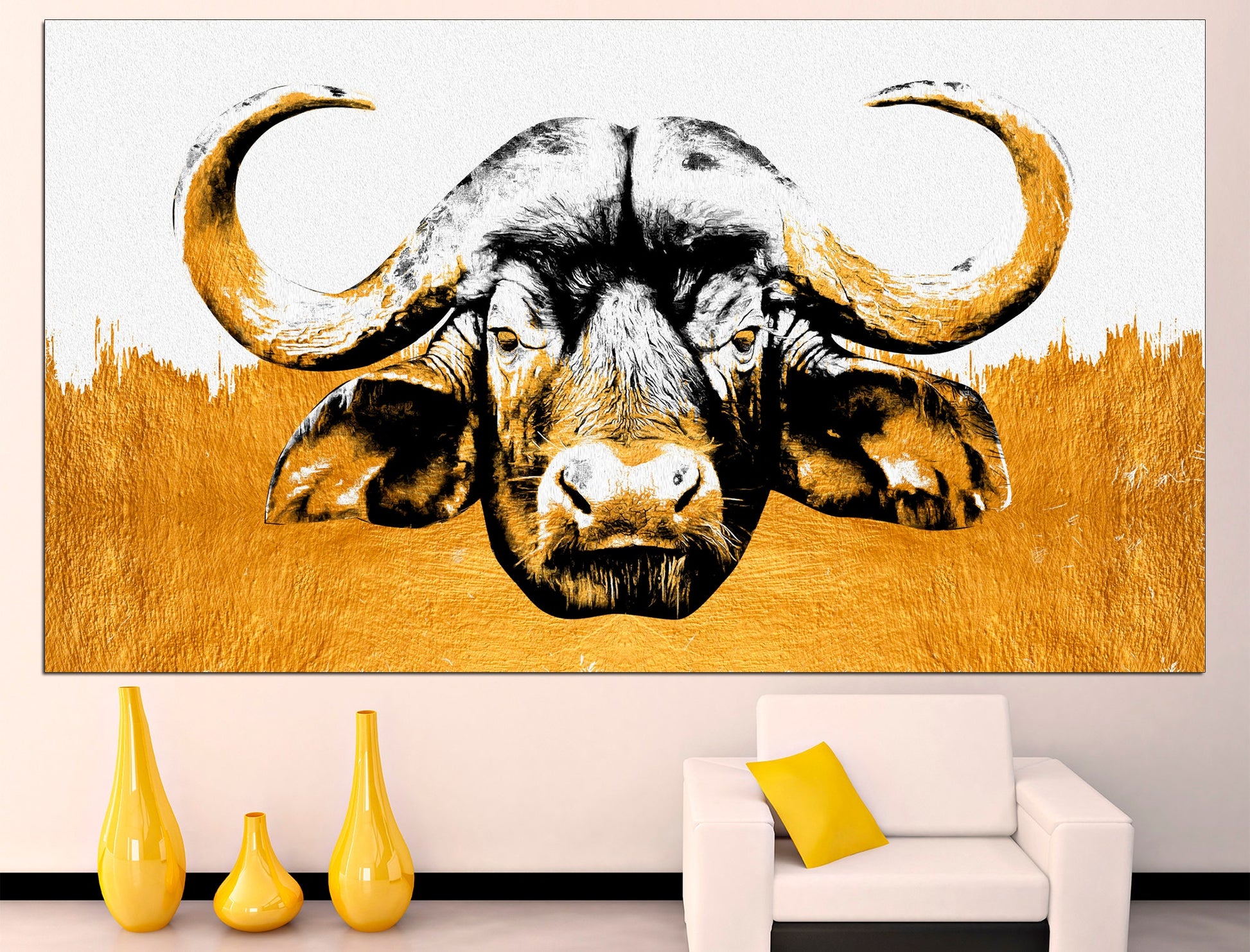 Gold buffalo Large wall art Farmhouse wall decor, Highland cow print Buffalo silhouette Farm animal prints