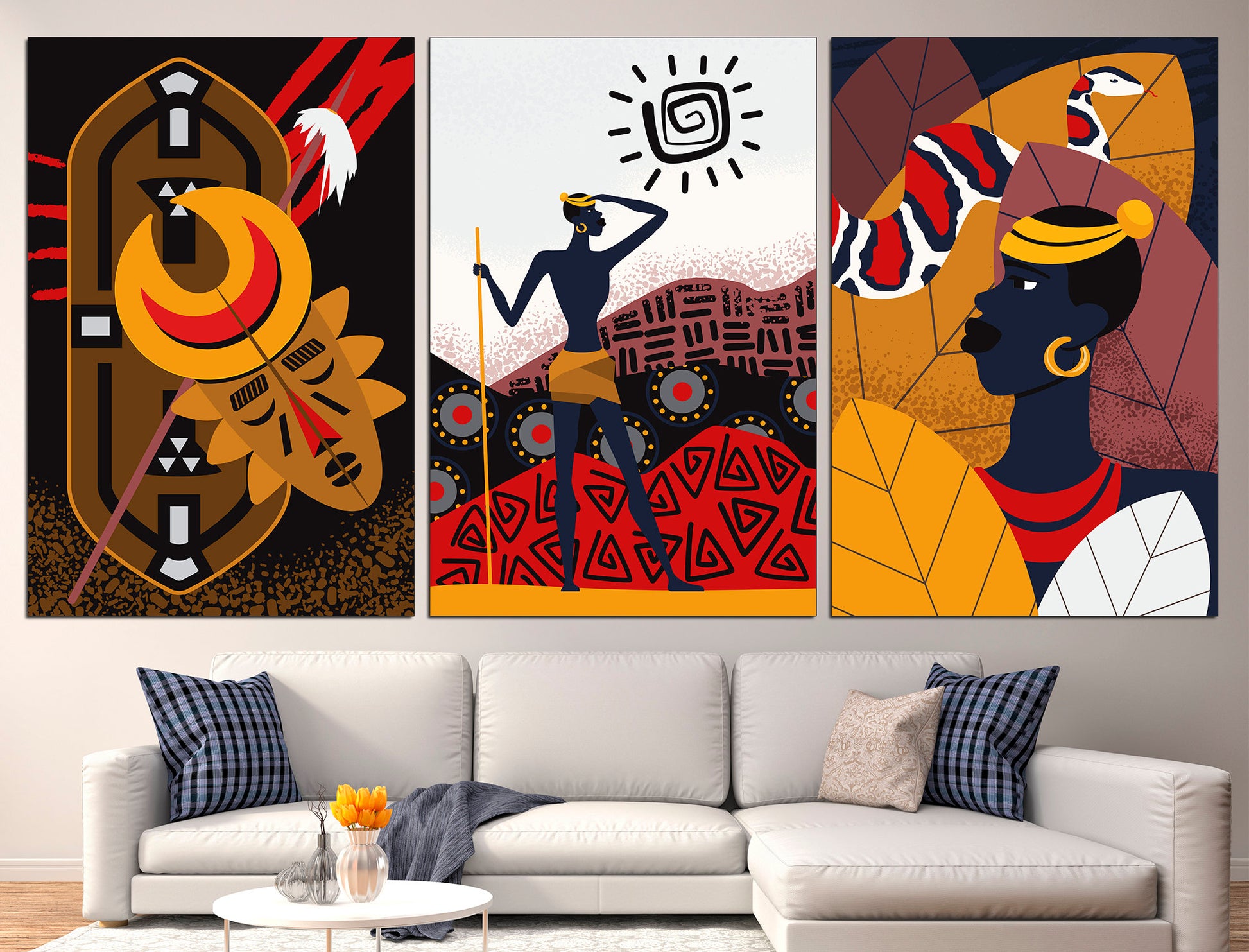 African wall art Set of 3 canvas African decor, 3 piece wall art African american art Tribal wall art