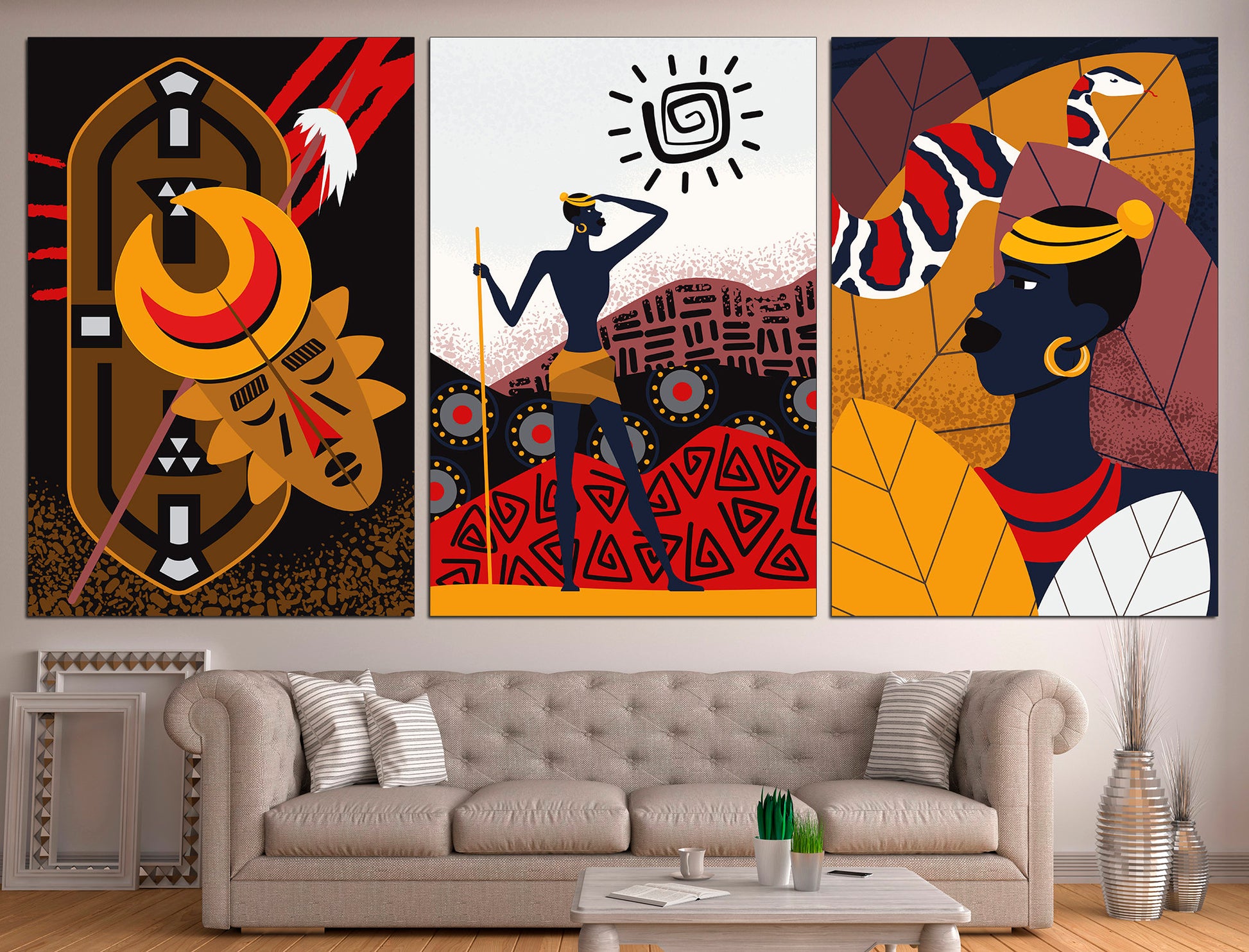 African wall art Set of 3 canvas African decor, 3 piece wall art African american art Tribal wall art