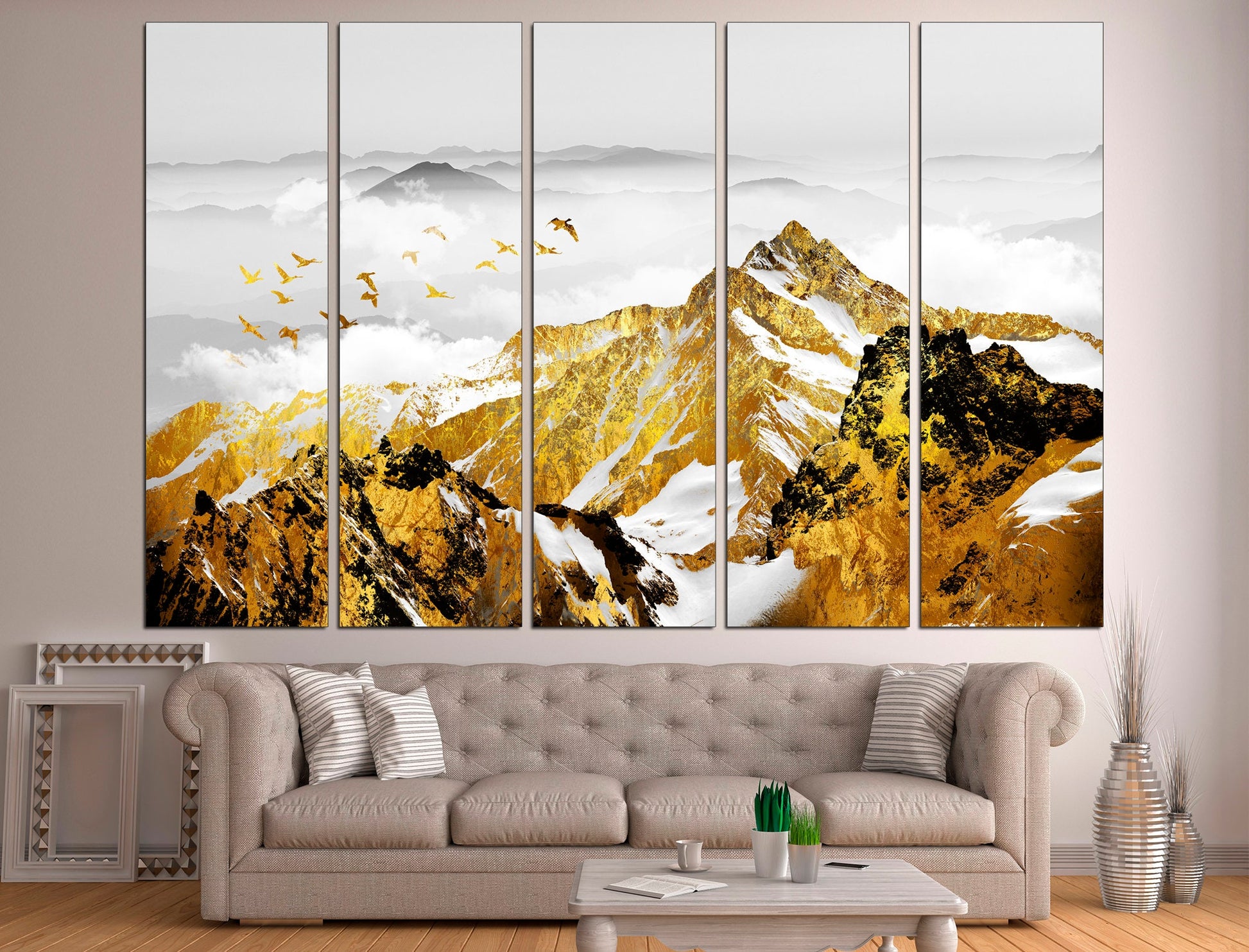 Golden mountains Scandinavian print Landscape print, Mountain wall decor Print wall art Cascade mountains