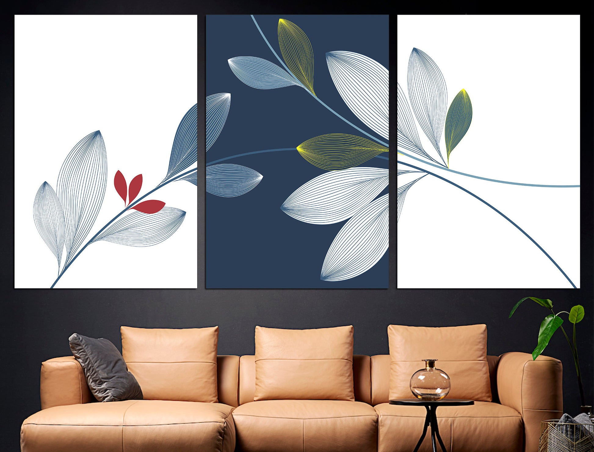 Blue and white decor Set of 3 canvas Blue wall art, 3 piece wall art Contemporary print Blue line art