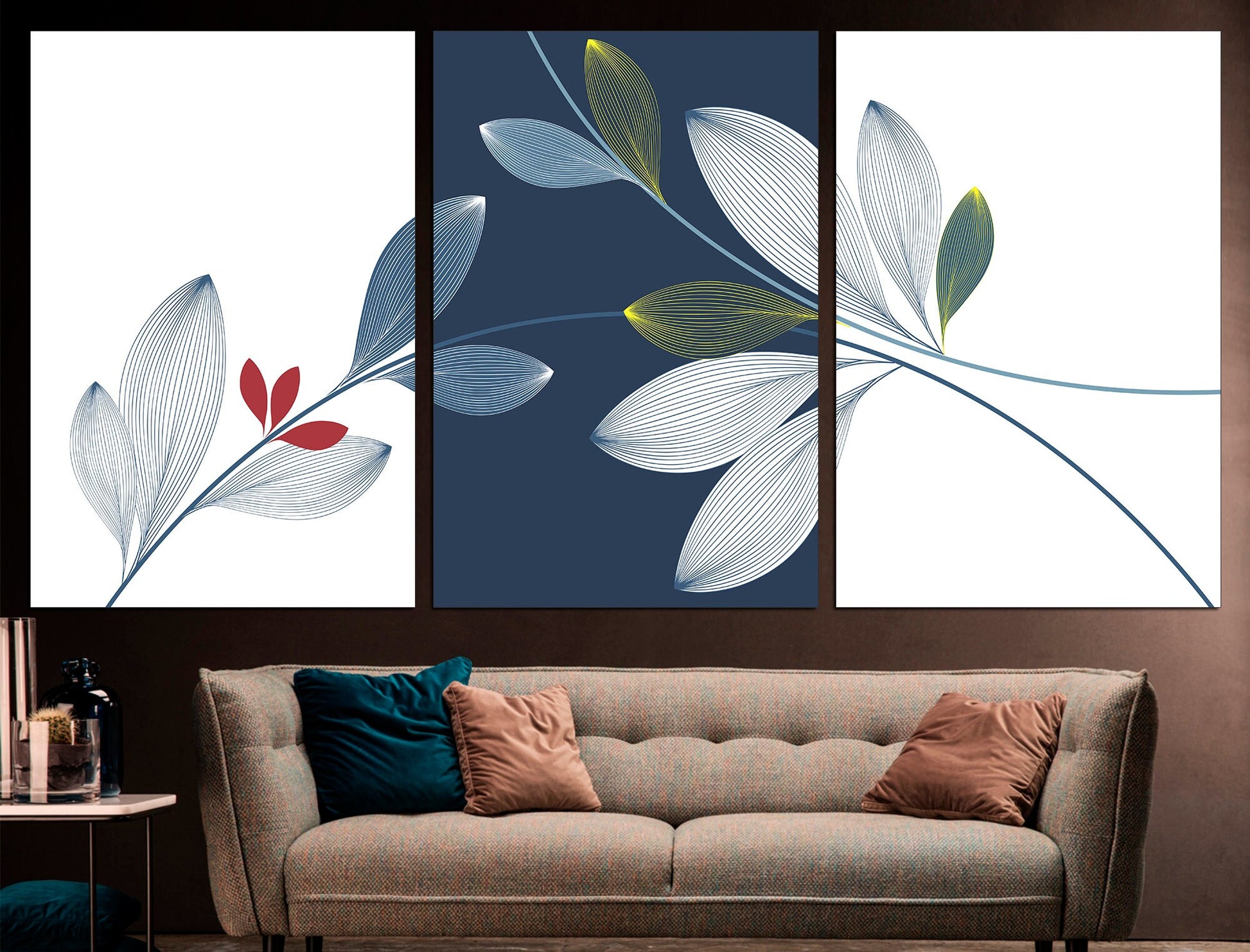 Blue and white decor Set of 3 canvas Blue wall art, 3 piece wall art Contemporary print Blue line art