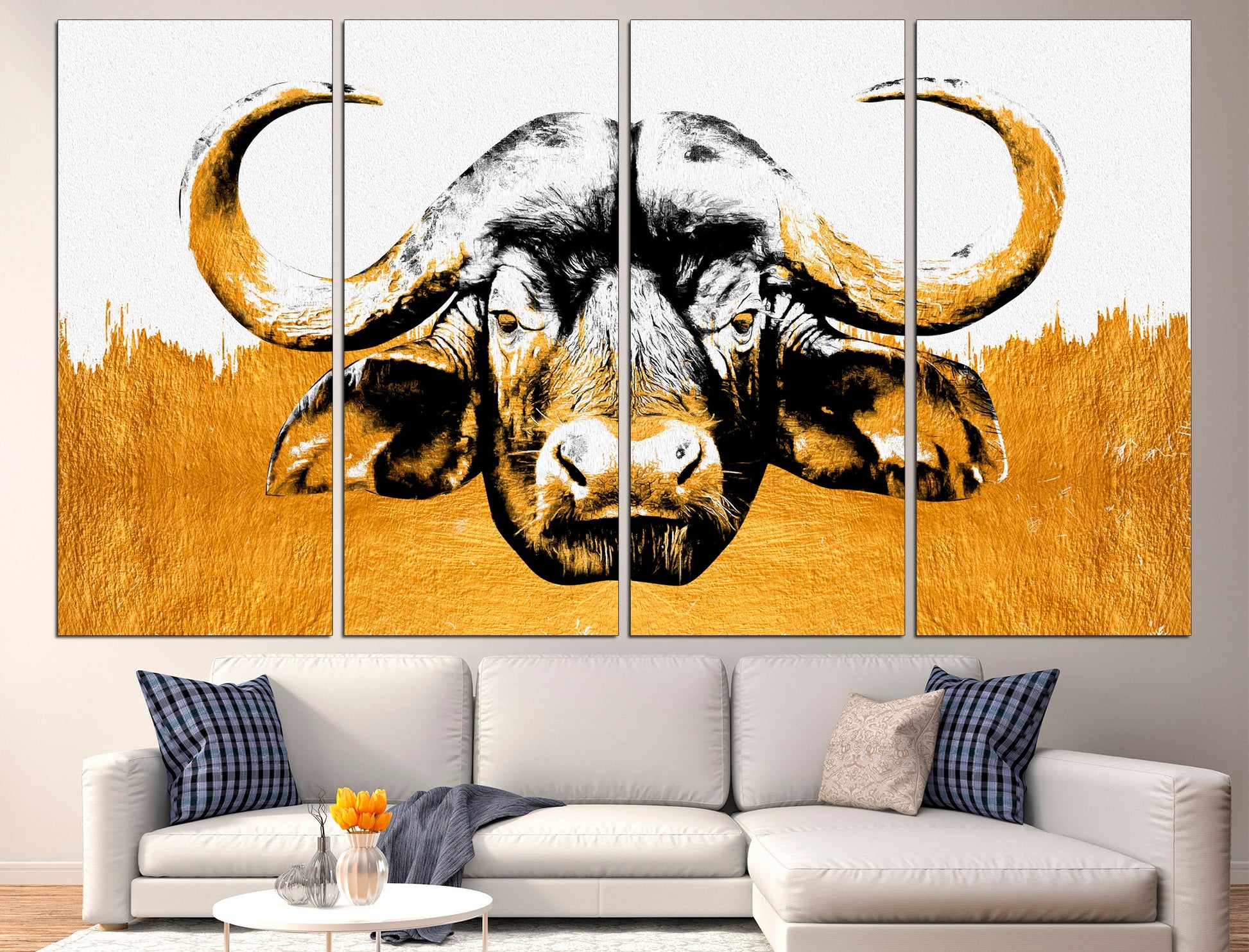 Gold buffalo Large wall art Farmhouse wall decor, Highland cow print Buffalo silhouette Farm animal prints