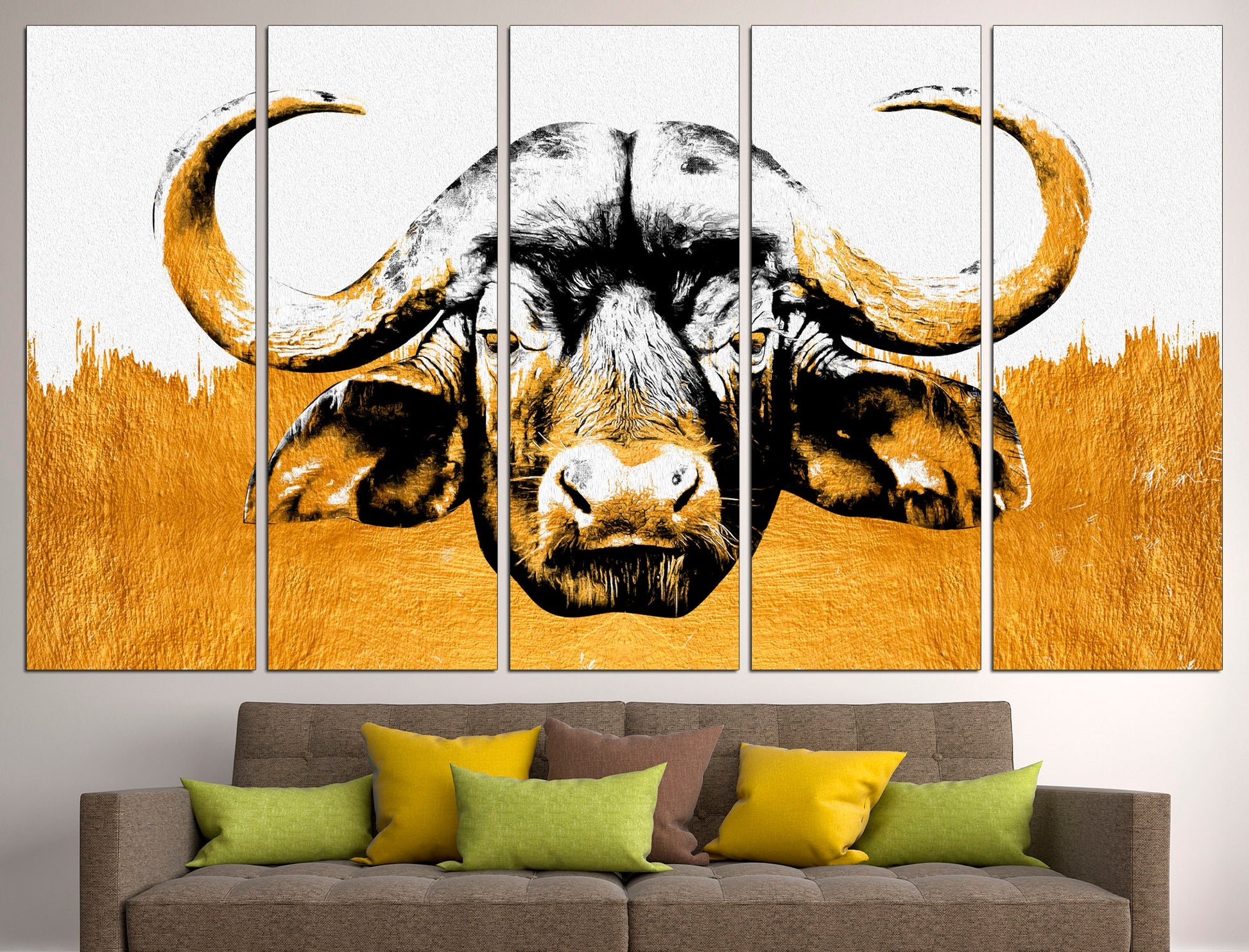 Gold buffalo Large wall art Farmhouse wall decor, Highland cow print Buffalo silhouette Farm animal prints