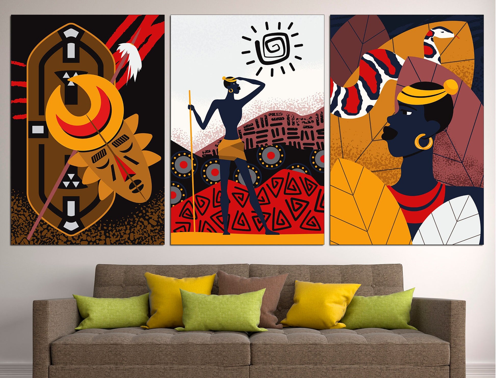 African wall art Set of 3 canvas African decor, 3 piece wall art African american art Tribal wall art