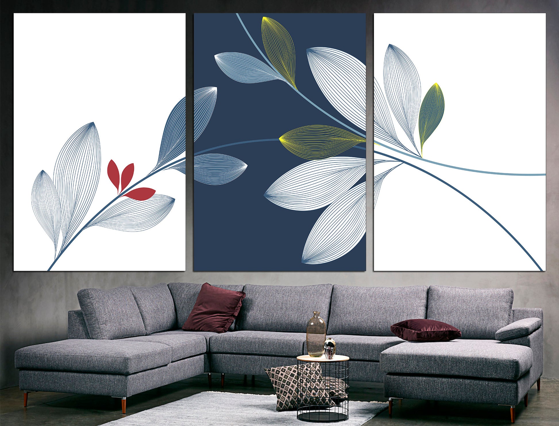 Blue and white decor Set of 3 canvas Blue wall art, 3 piece wall art Contemporary print Blue line art