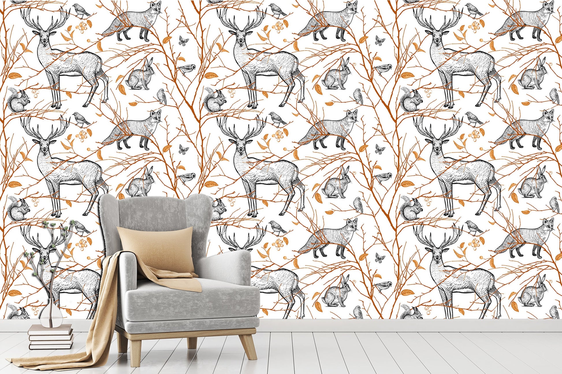 Wild animal print Peel stick wallpaper Animal wall art, Forest wall mural Nature wallpaper Animal nursery decor