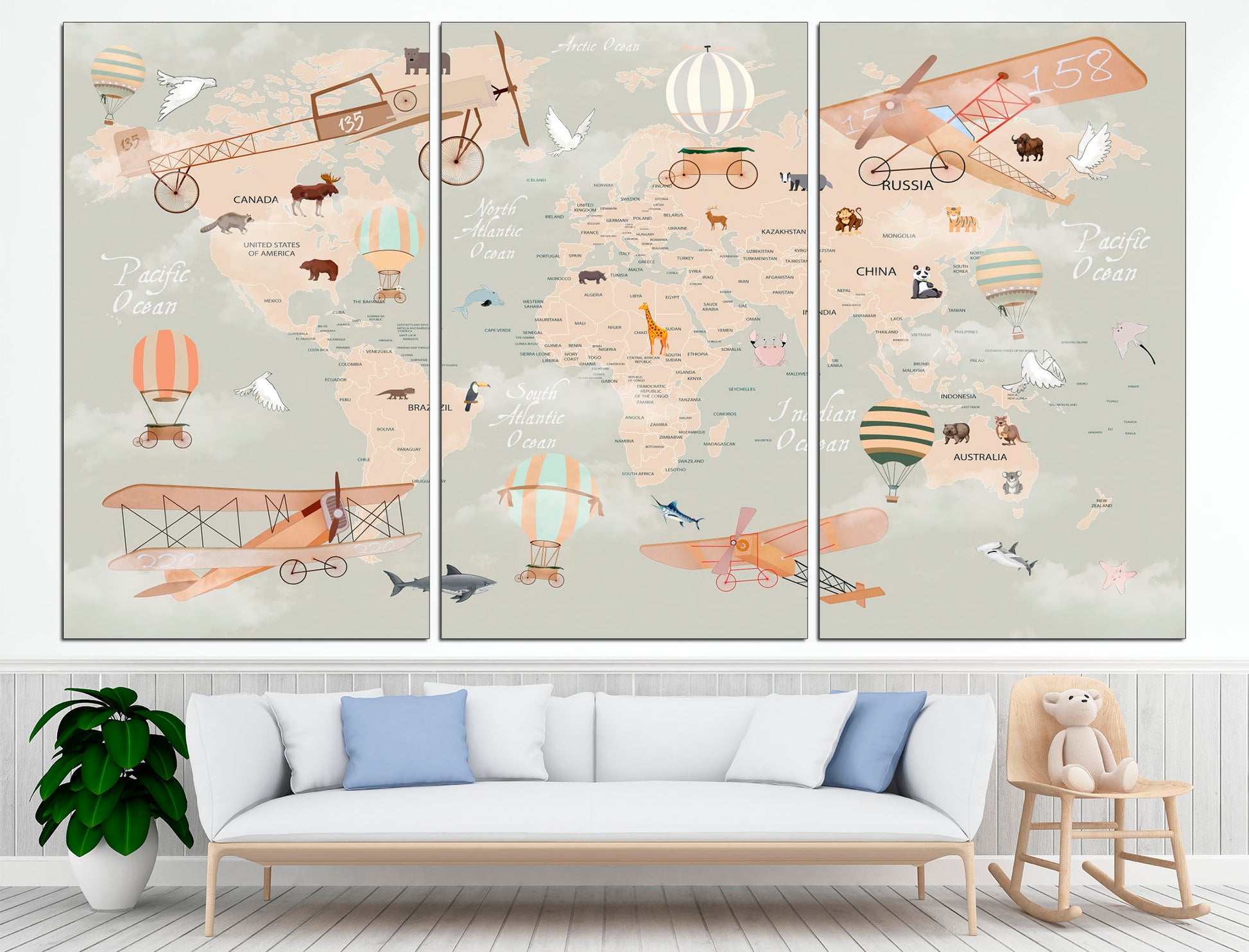 Kids world map Canvas wall art Animal world map, Kids wall decor Large world map World map canvas