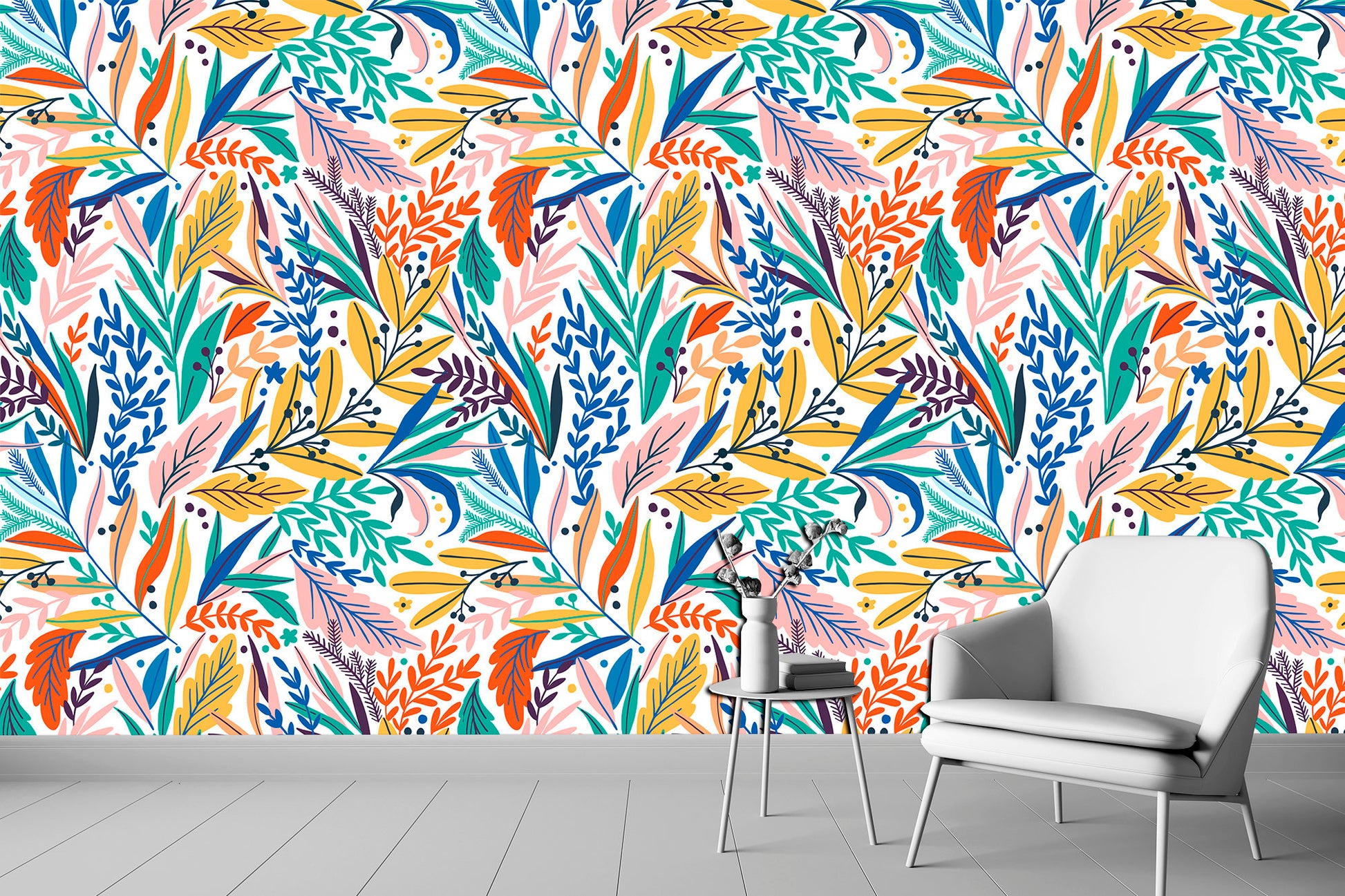 Colorful leaves and blossoms wallpaper Funky scandinavian botanical print, Botanical wallpaper Tropical print Print wall art