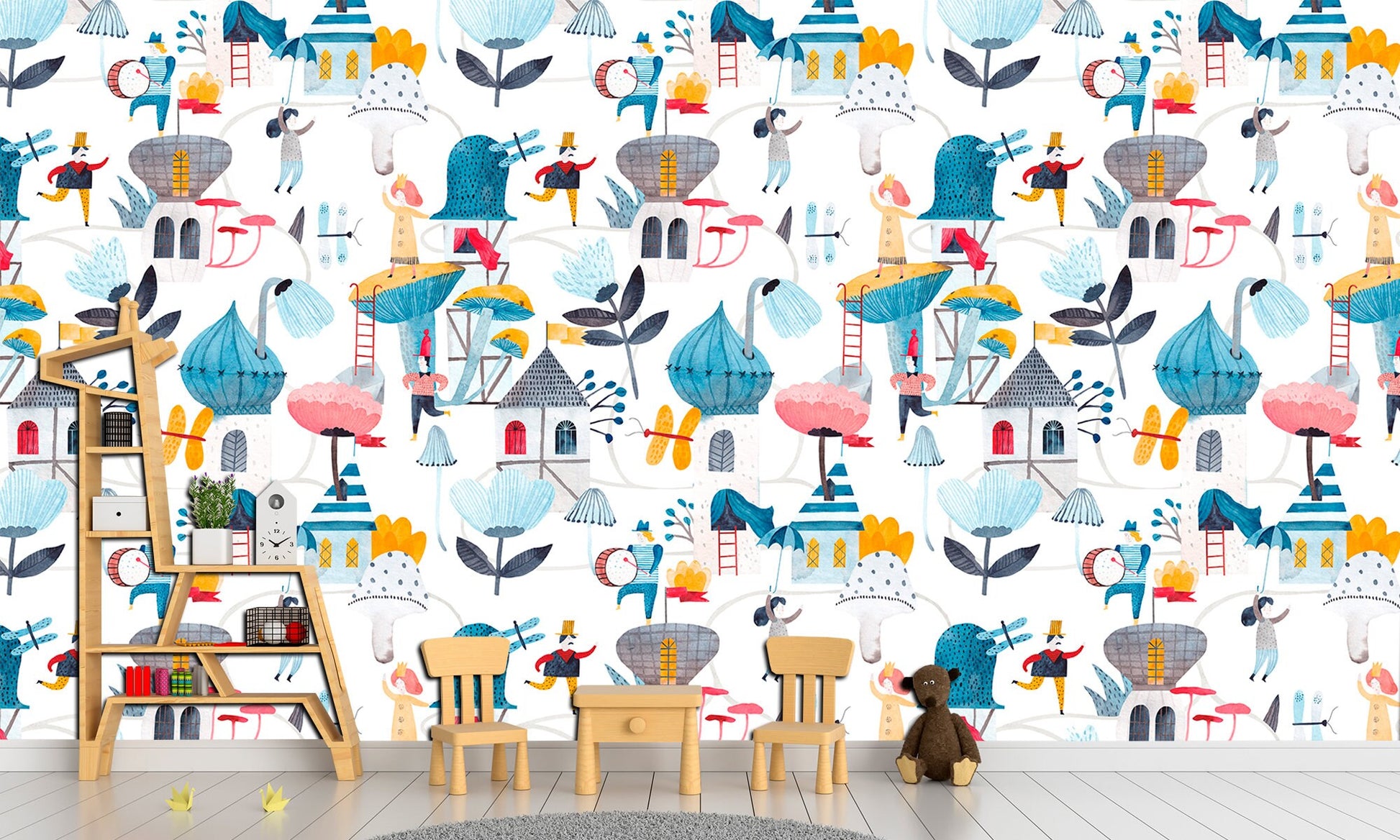 Scandinavian decor Kids wallpaper Scandinavian print Kids wall mural, Playroom wallpaper Forest print Blue wall print Peel stick wallpaper