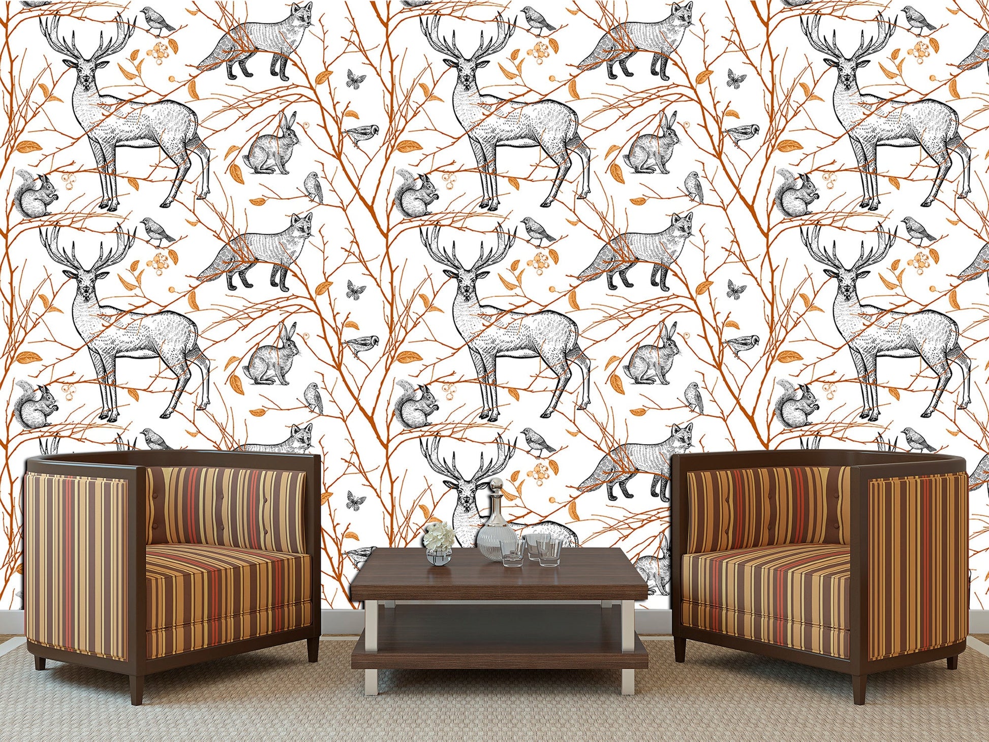 Wild animal print Peel stick wallpaper Animal wall art, Forest wall mural Nature wallpaper Animal nursery decor