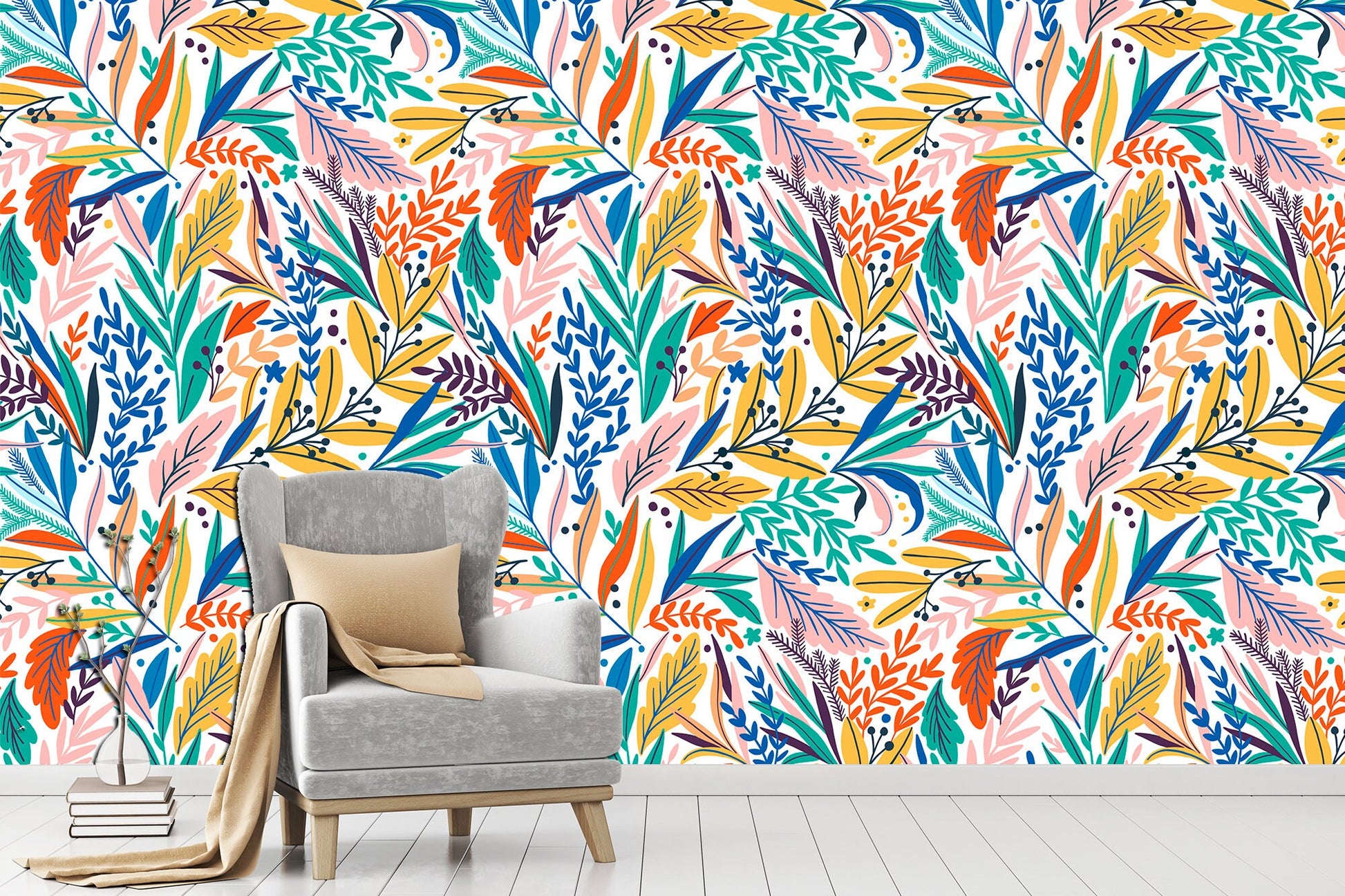 Colorful leaves and blossoms wallpaper Funky scandinavian botanical print, Botanical wallpaper Tropical print Print wall art