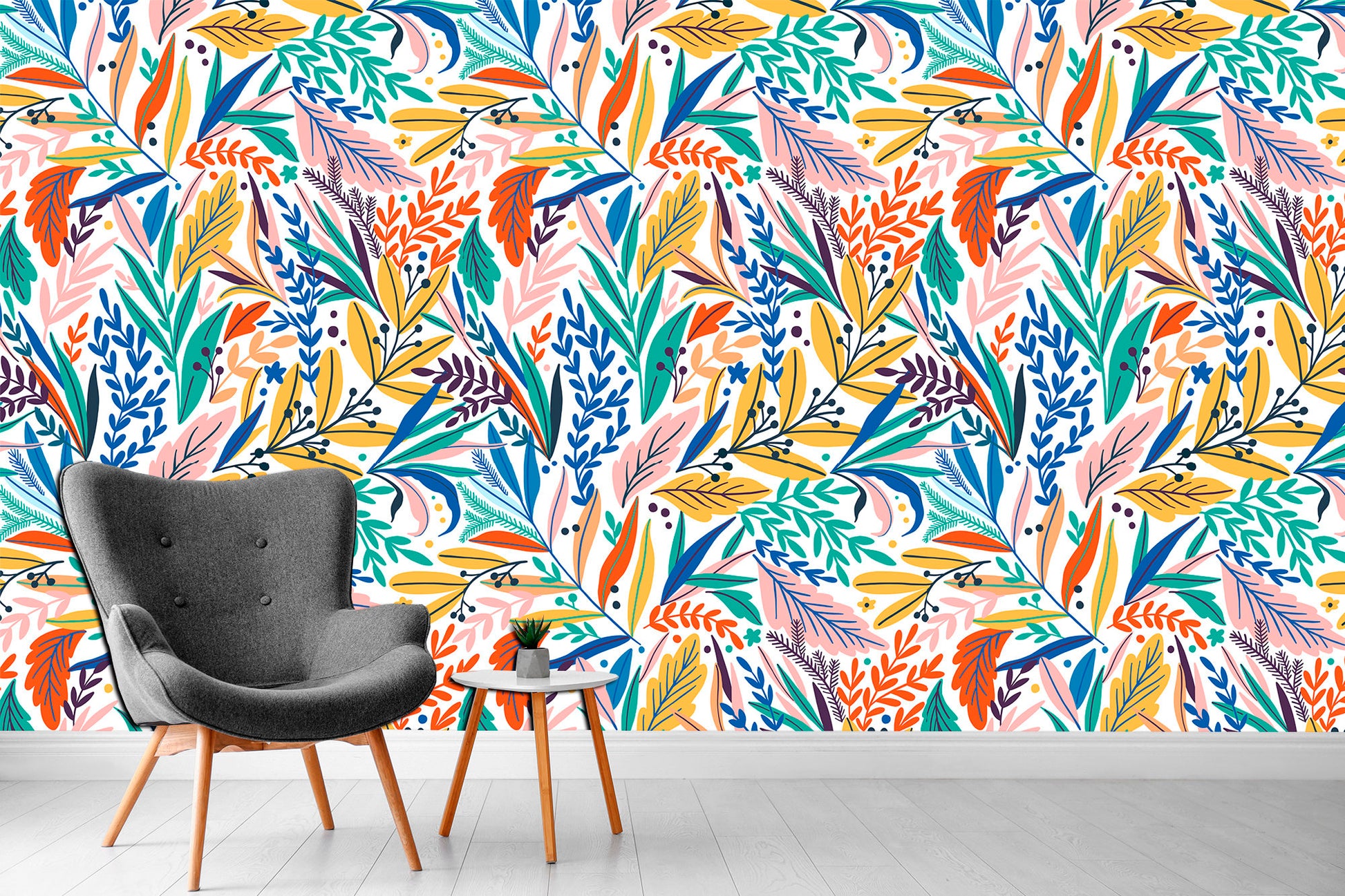 Colorful leaves and blossoms wallpaper Funky scandinavian botanical print, Botanical wallpaper Tropical print Print wall art