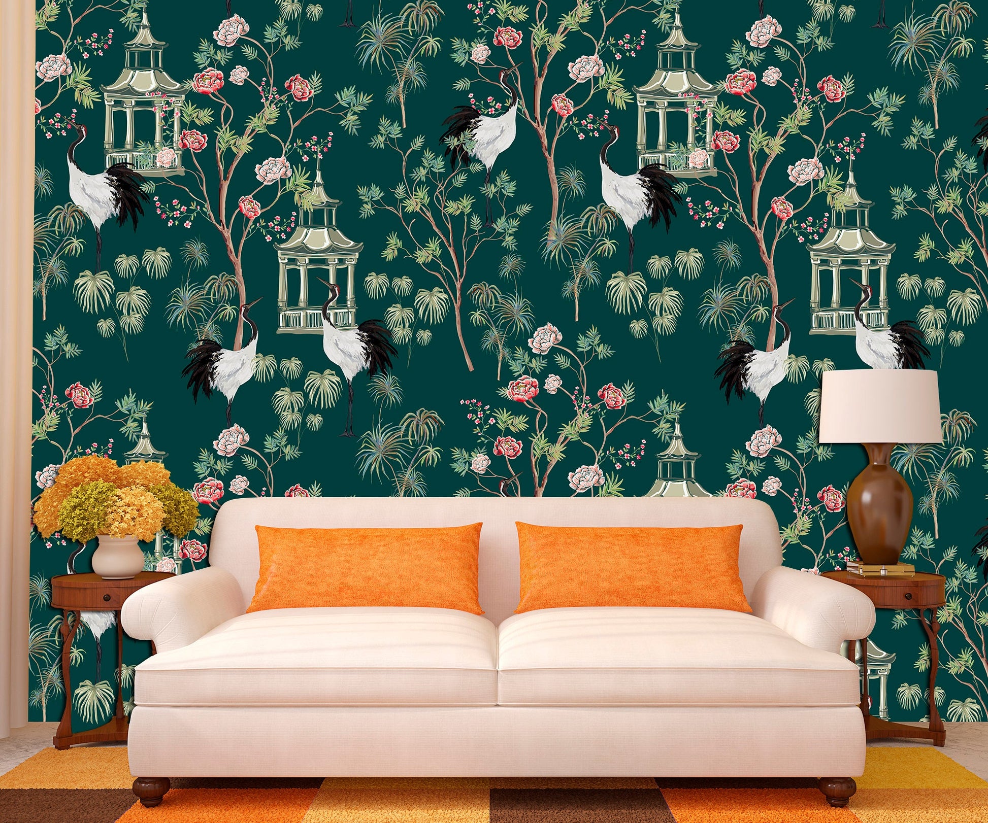 Japan crane print Removable wallpaper Japanese wall print, Green wallpaper Peel stick wallpaper Art deco wallpaper