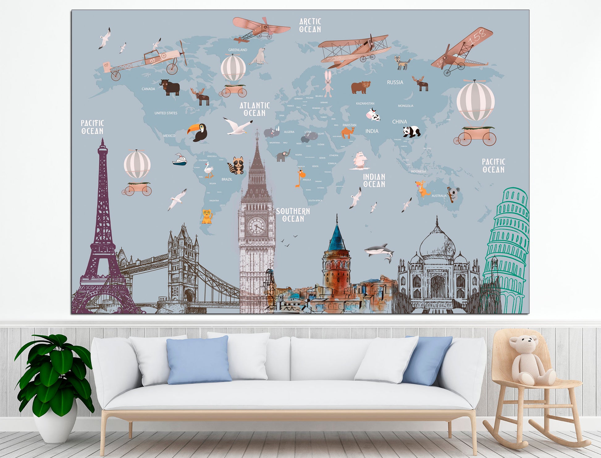 Animal map canvas World map print Large world map, Kids room decor Extra large wall art World map decor