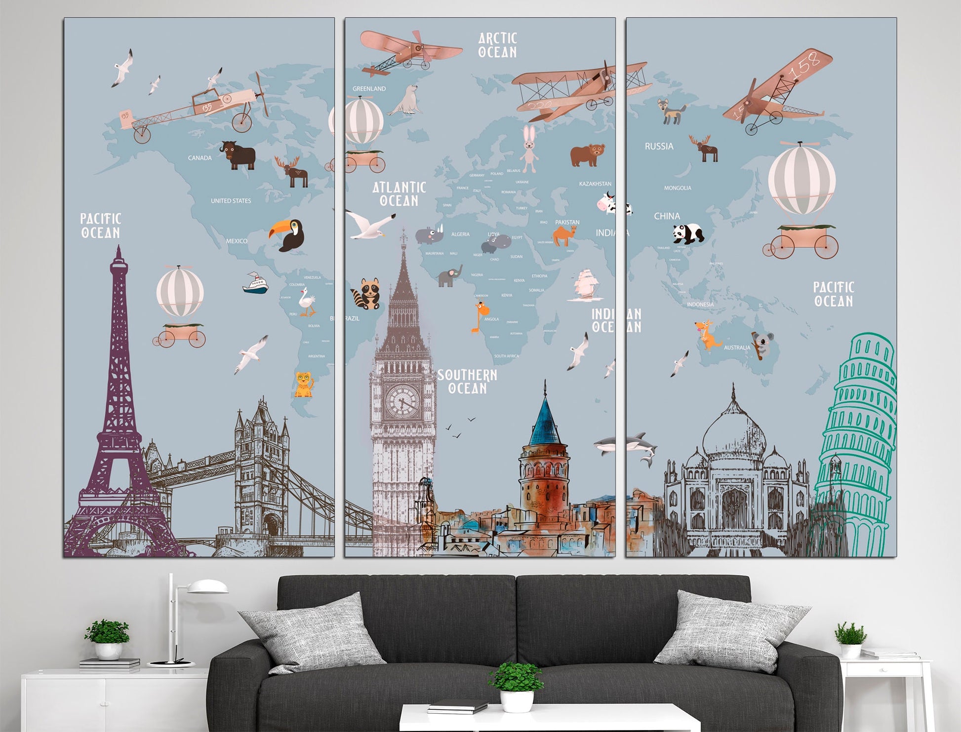 Animal map canvas World map print Large world map, Kids room decor Extra large wall art World map decor