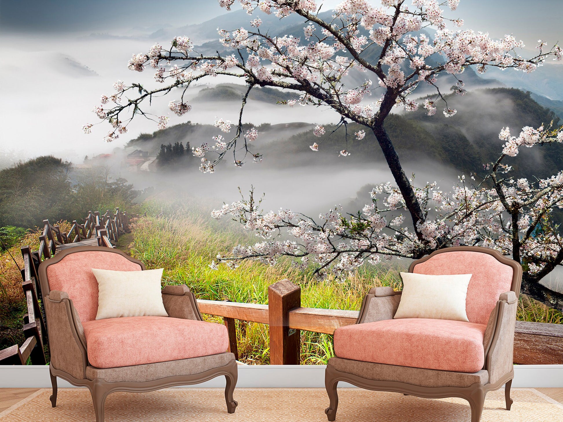 Sakura flower Removable wallpaper Cherry blossom wall Landscape wallpaper, Mountain wall mural Japanese wall decor Cherry blossom art