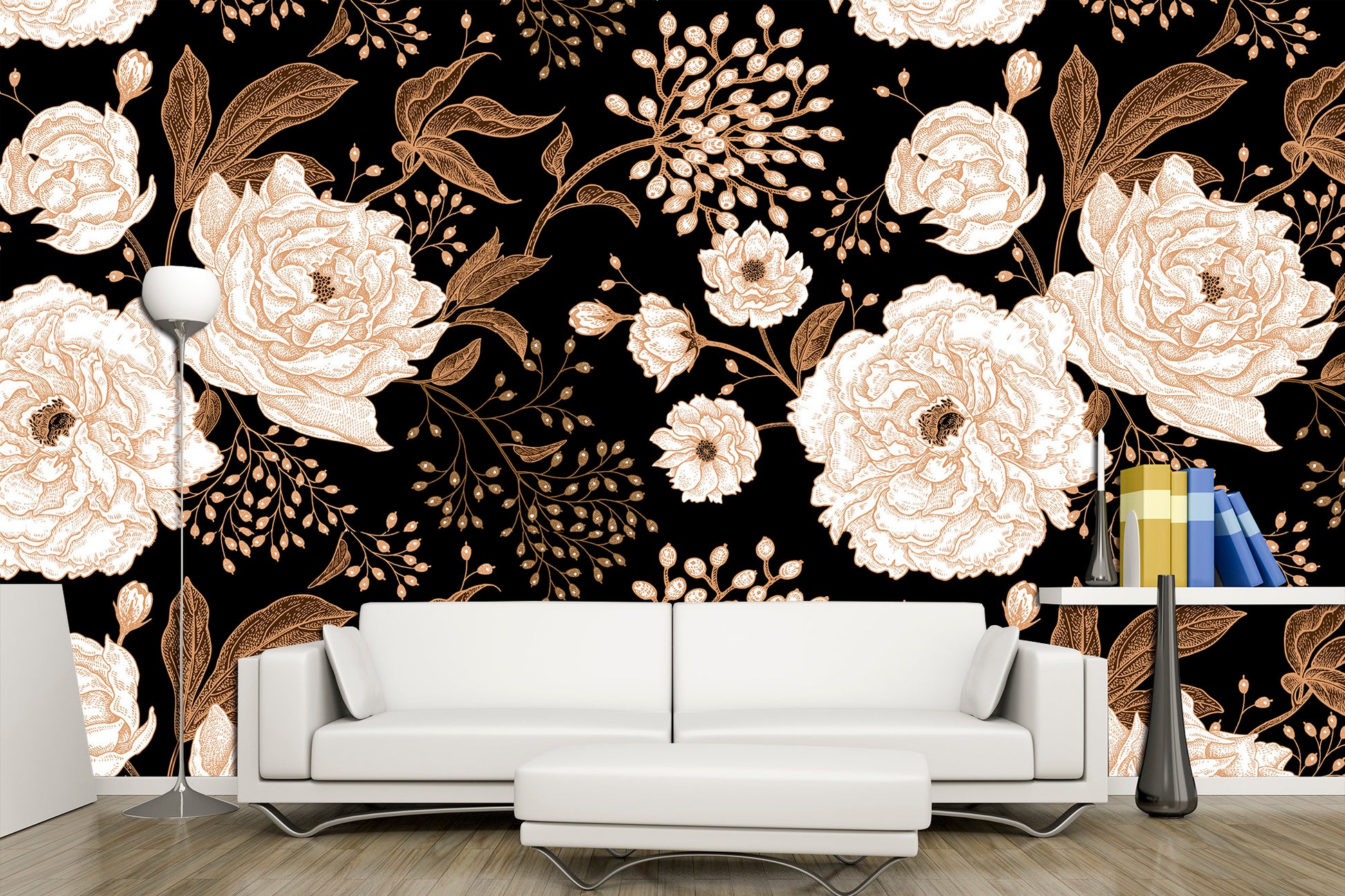 Black gold wall art Bohemian wallpaper Luxury wall decor, Floral wallpaper Gold wall decor Dark floral wall art