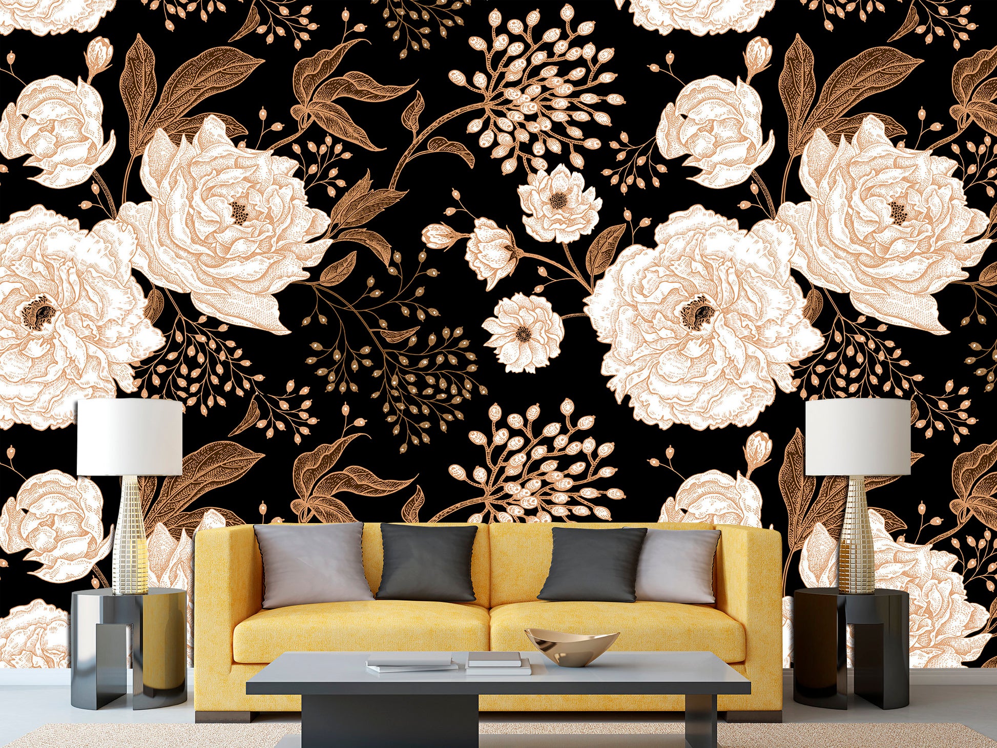 Black gold wall art Bohemian wallpaper Luxury wall decor, Floral wallpaper Gold wall decor Dark floral wall art