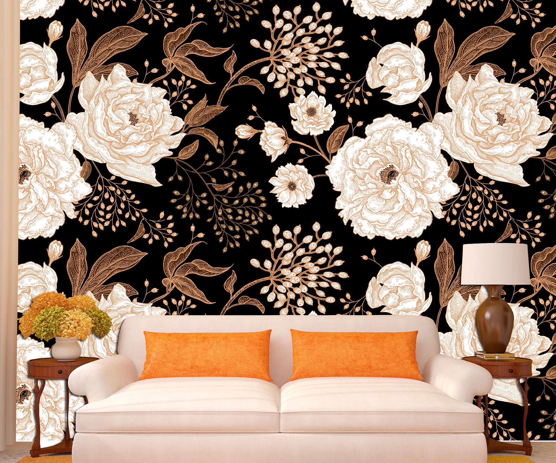 Black gold wall art Bohemian wallpaper Luxury wall decor, Floral wallpaper Gold wall decor Dark floral wall art