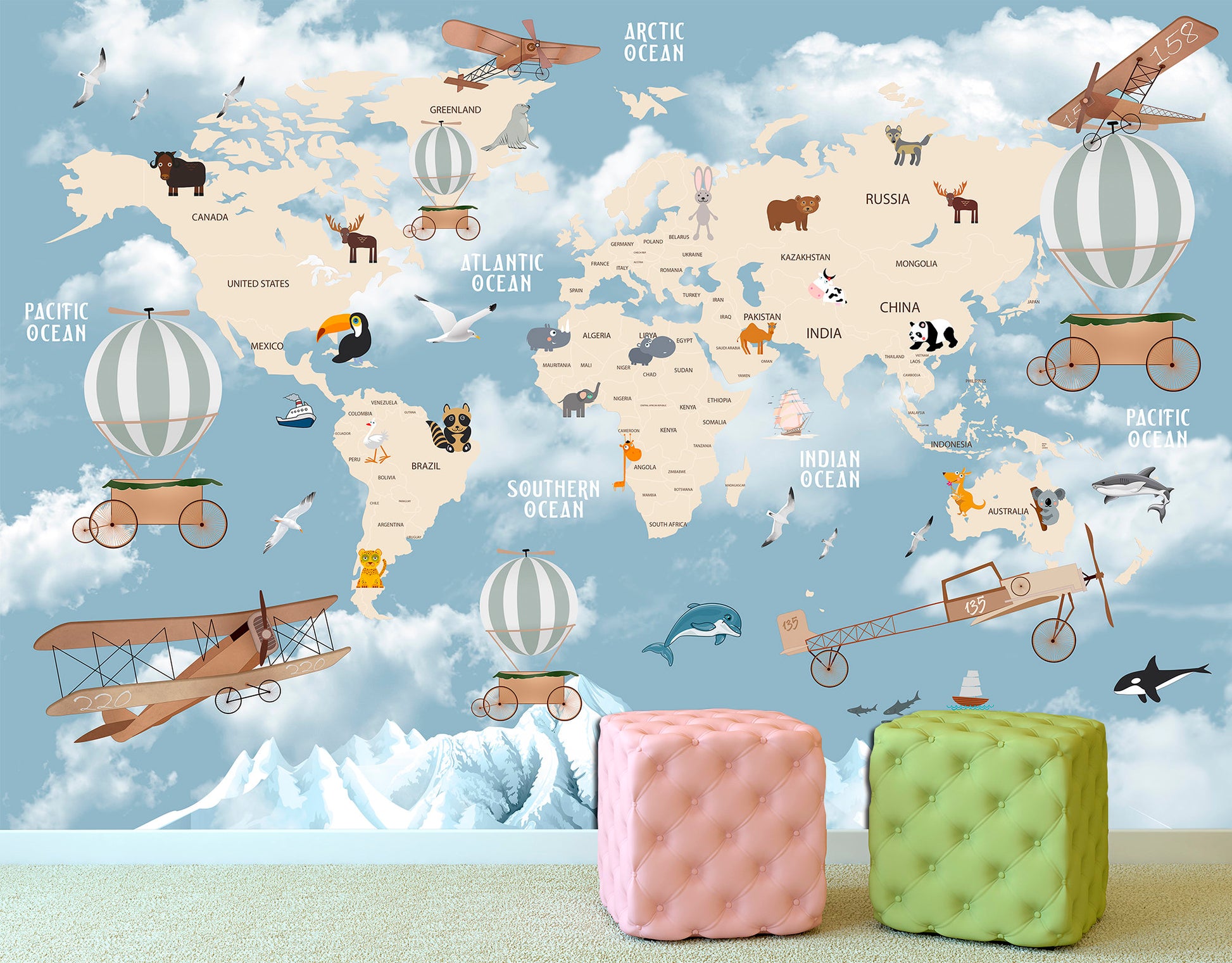 Kids world map Removable wallpaper Kids room decor, Kids wallpaper Nursery world map Peel stick wallpaper