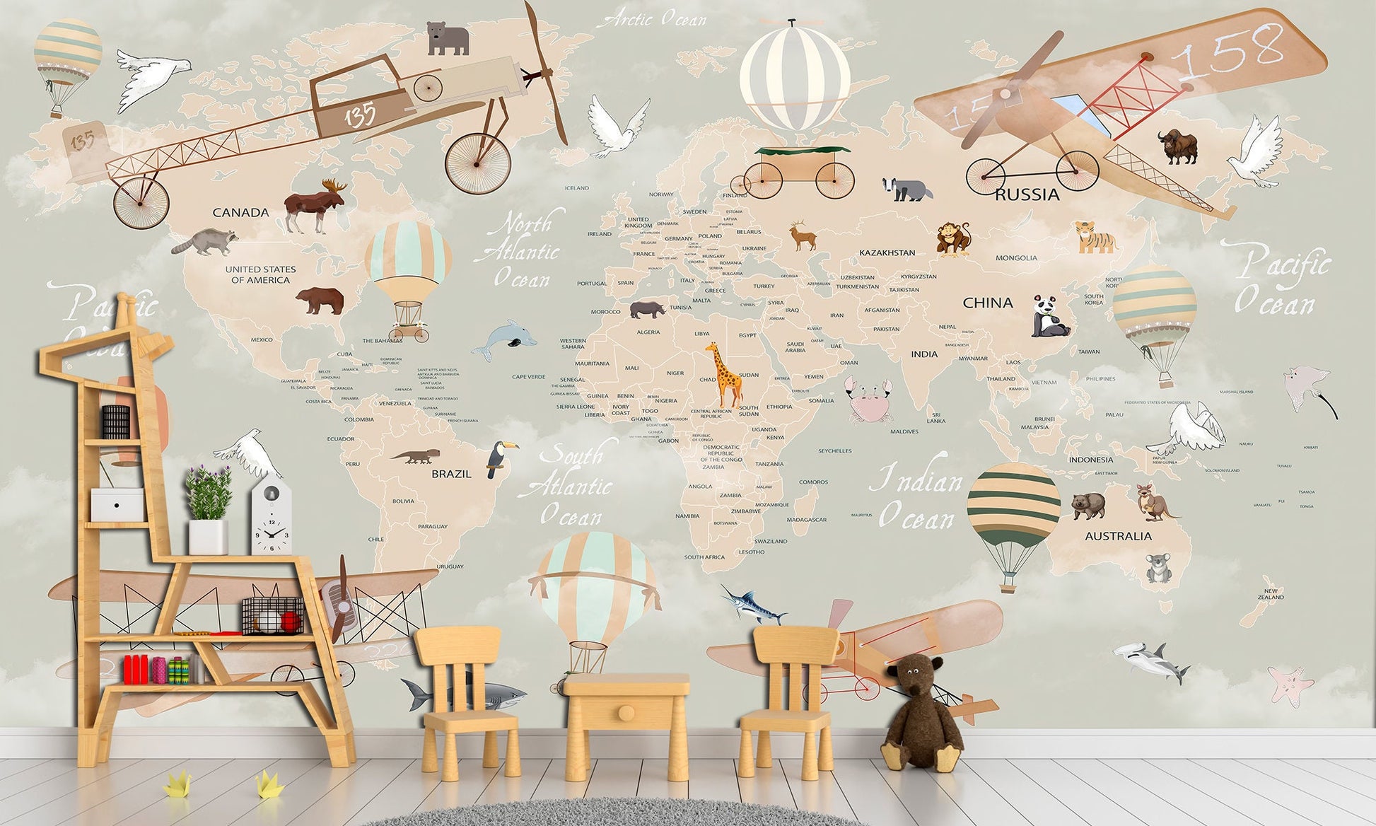 Kids room wallpaper Nursery world map Adhesive wallpaper, Kids room decor World map wallpaper Map of the world