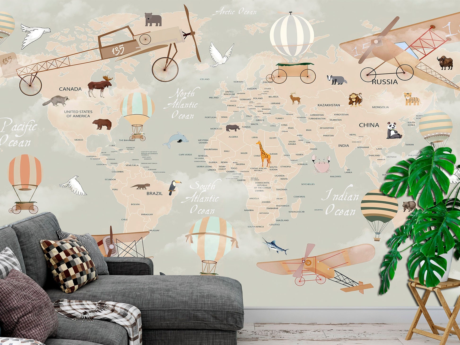 Kids room wallpaper Nursery world map Adhesive wallpaper, Kids room decor World map wallpaper Map of the world