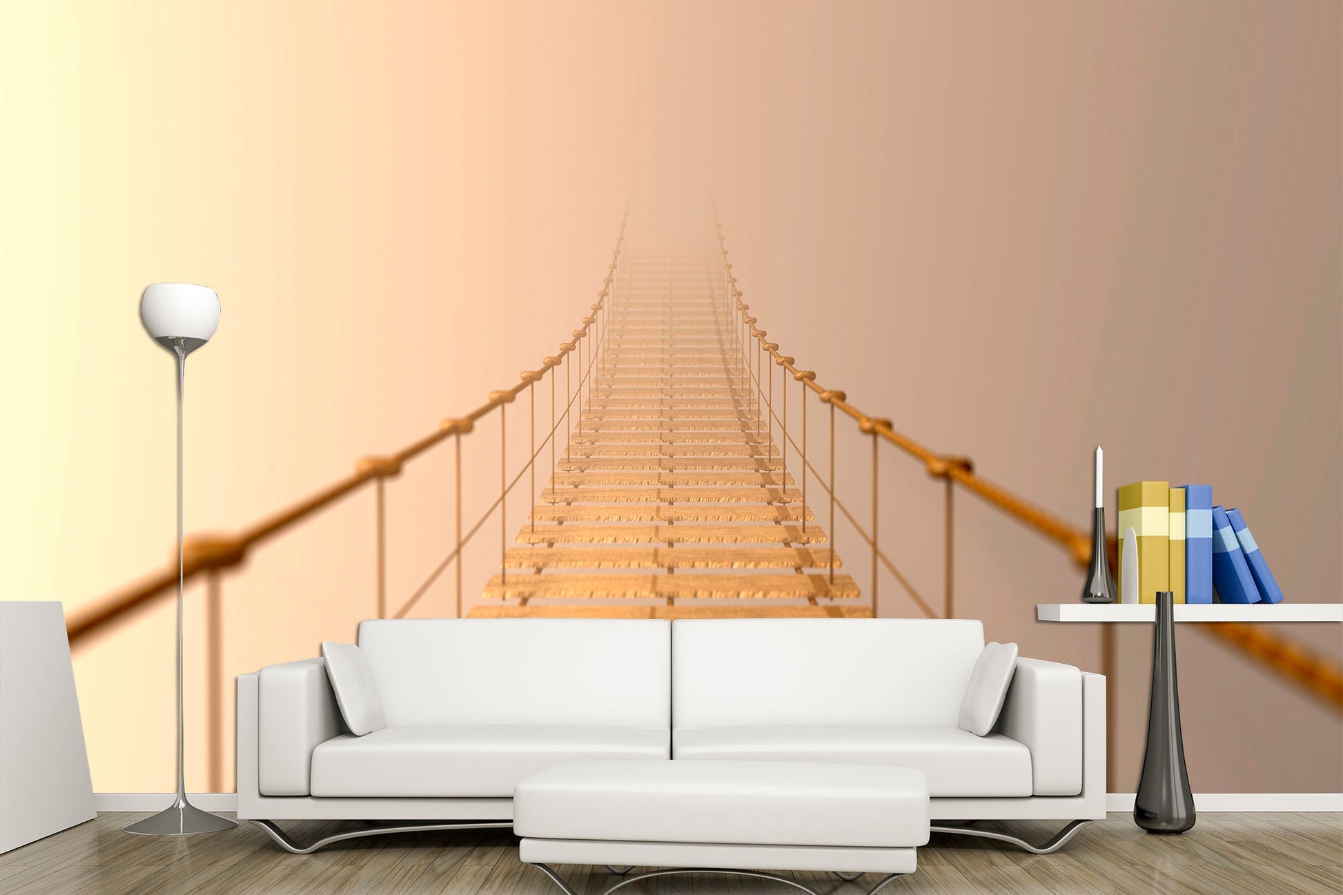 Suspension rope Bridge wallpaper Beige wall decor, Fog bridge wall art Removable wallpaper Beige wallpaper