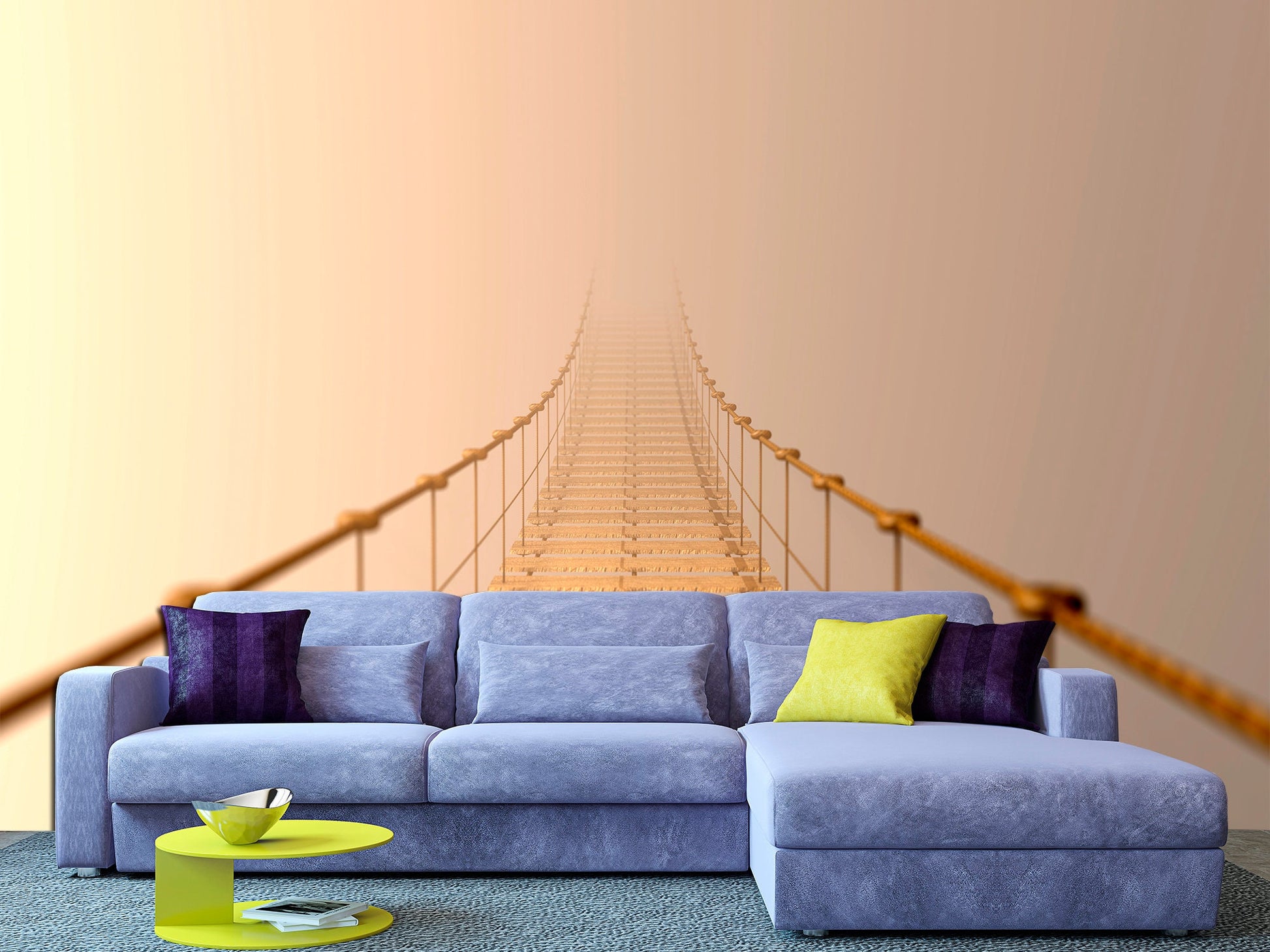 Suspension rope Bridge wallpaper Beige wall decor, Fog bridge wall art Removable wallpaper Beige wallpaper