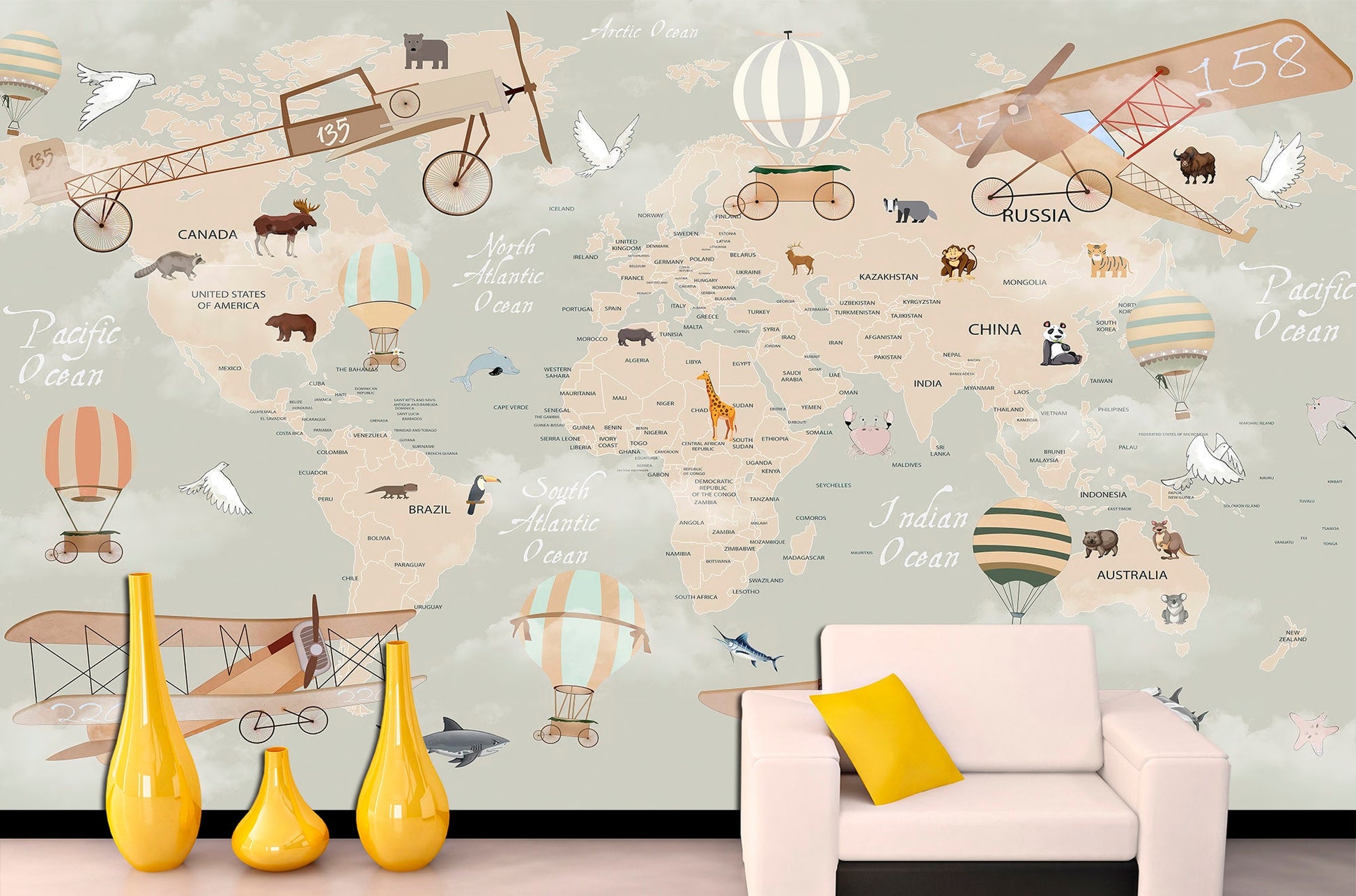 Kids room wallpaper Nursery world map Adhesive wallpaper, Kids room decor World map wallpaper Map of the world